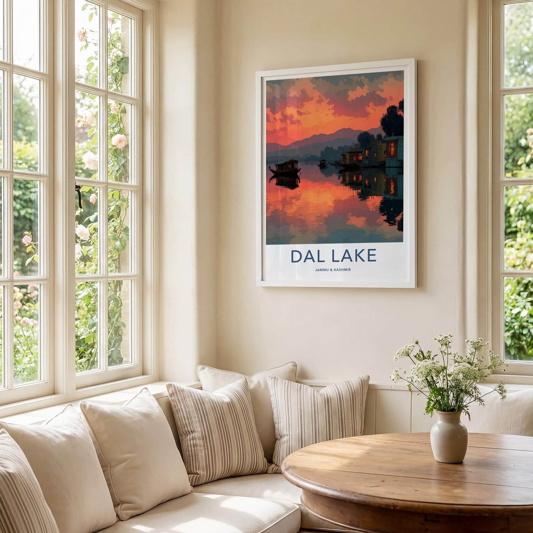 Dal Lake Poster - India Travel Art - Jammu Kashmir Scenic Houseboat Sunset Home Decor