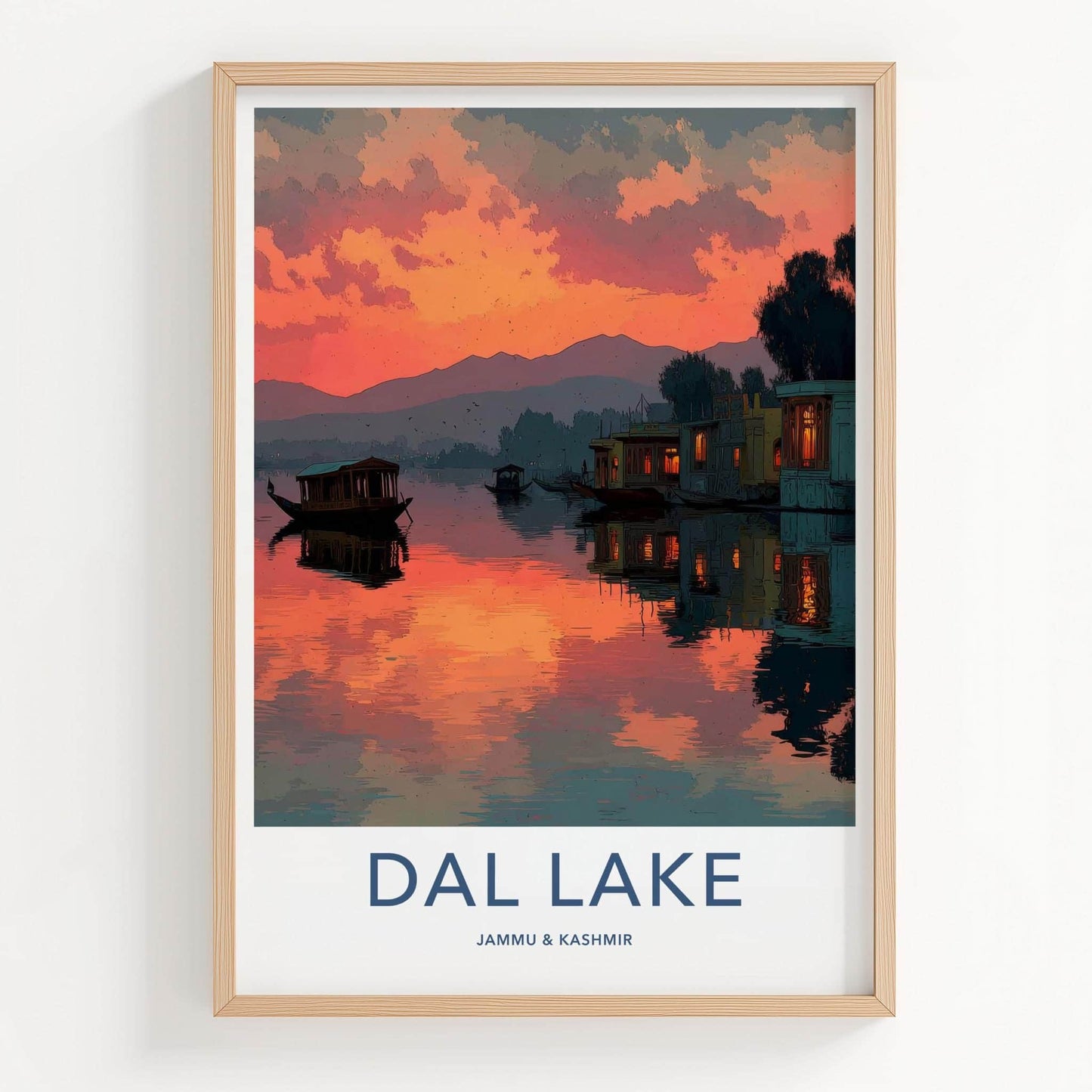 Dal Lake Poster - India Travel Art - Jammu Kashmir Scenic Houseboat Sunset Home Decor