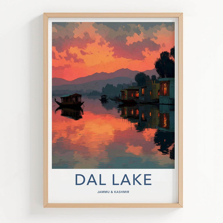 Dal Lake Poster - India Travel Art - Jammu Kashmir Scenic Houseboat Sunset Home Decor
