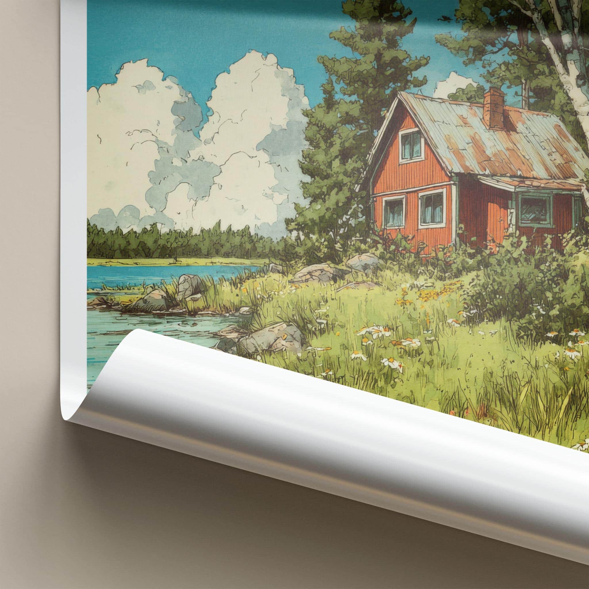 Dalarna Poster - Sweden Scenic Art - Lakeside Birch Cabin Wall Decor