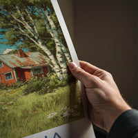 Dalarna Poster - Sweden Scenic Art - Lakeside Birch Cabin Wall Decor
