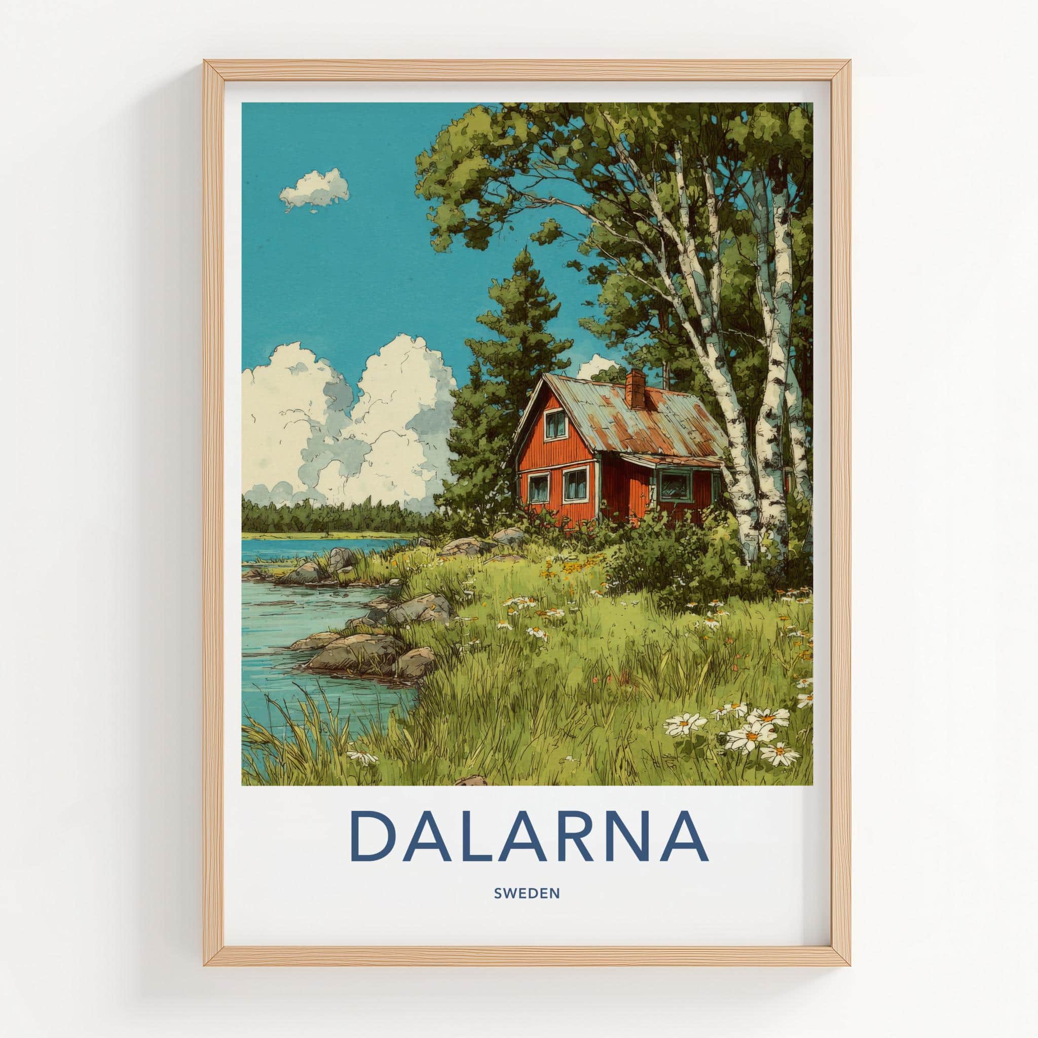 Dalarna Poster - Sweden Scenic Art - Lakeside Birch Cabin Wall Decor