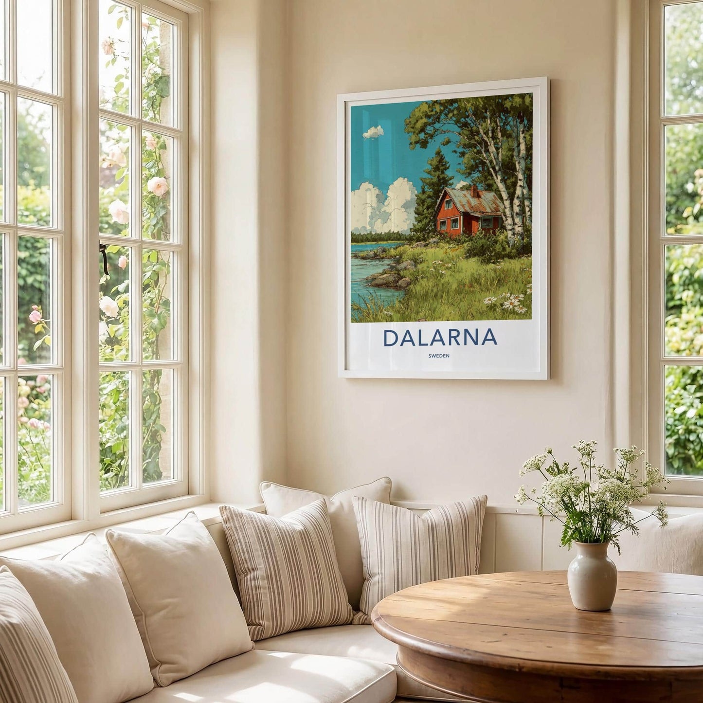 Dalarna Poster - Sweden Scenic Art - Lakeside Birch Cabin Wall Decor