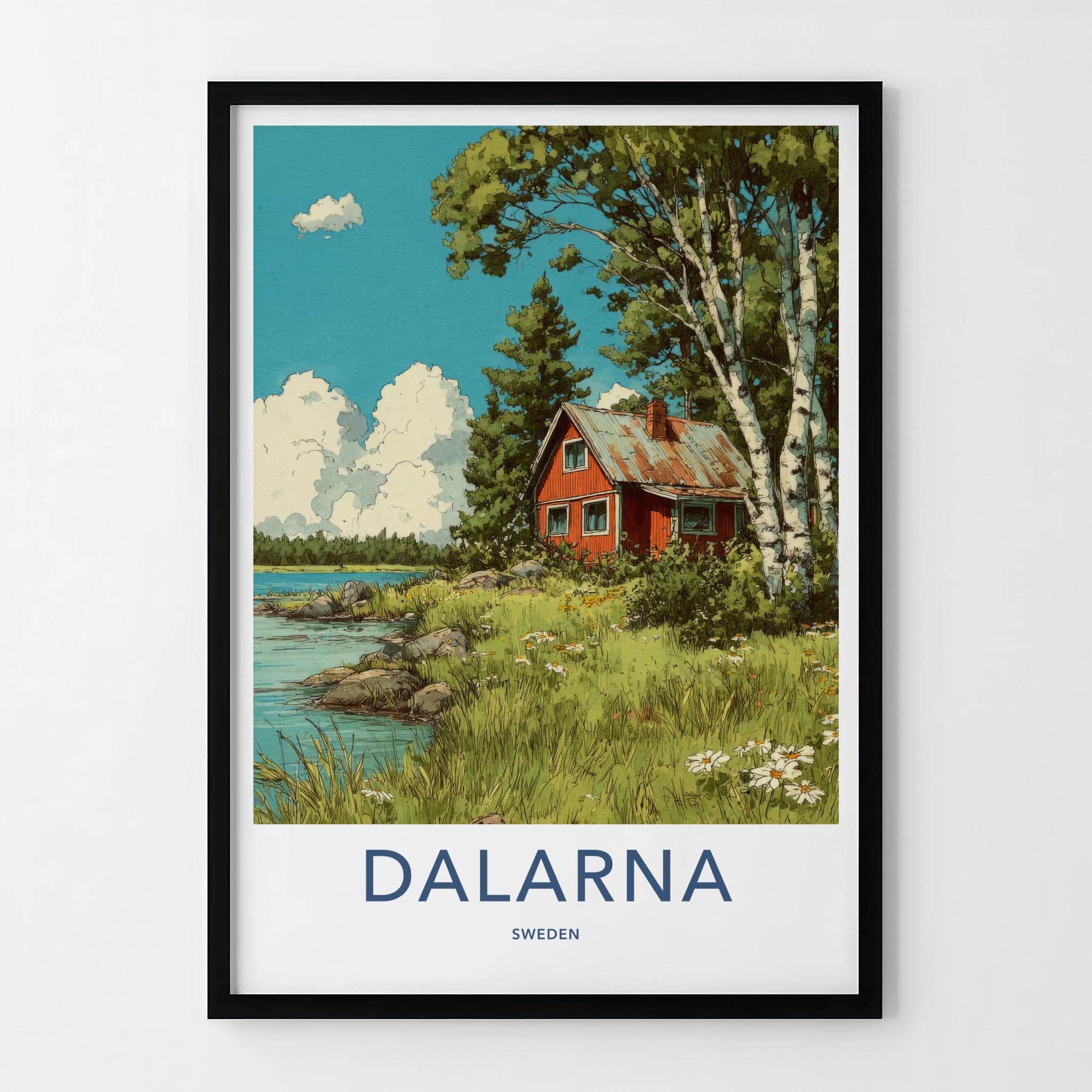 Dalarna Poster - Sweden Scenic Art - Lakeside Birch Cabin Wall Decor