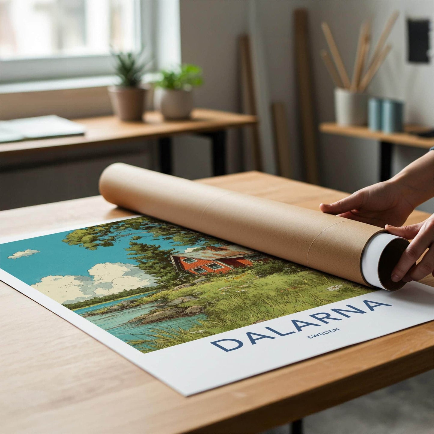 Dalarna Poster - Sweden Scenic Art - Lakeside Birch Cabin Wall Decor