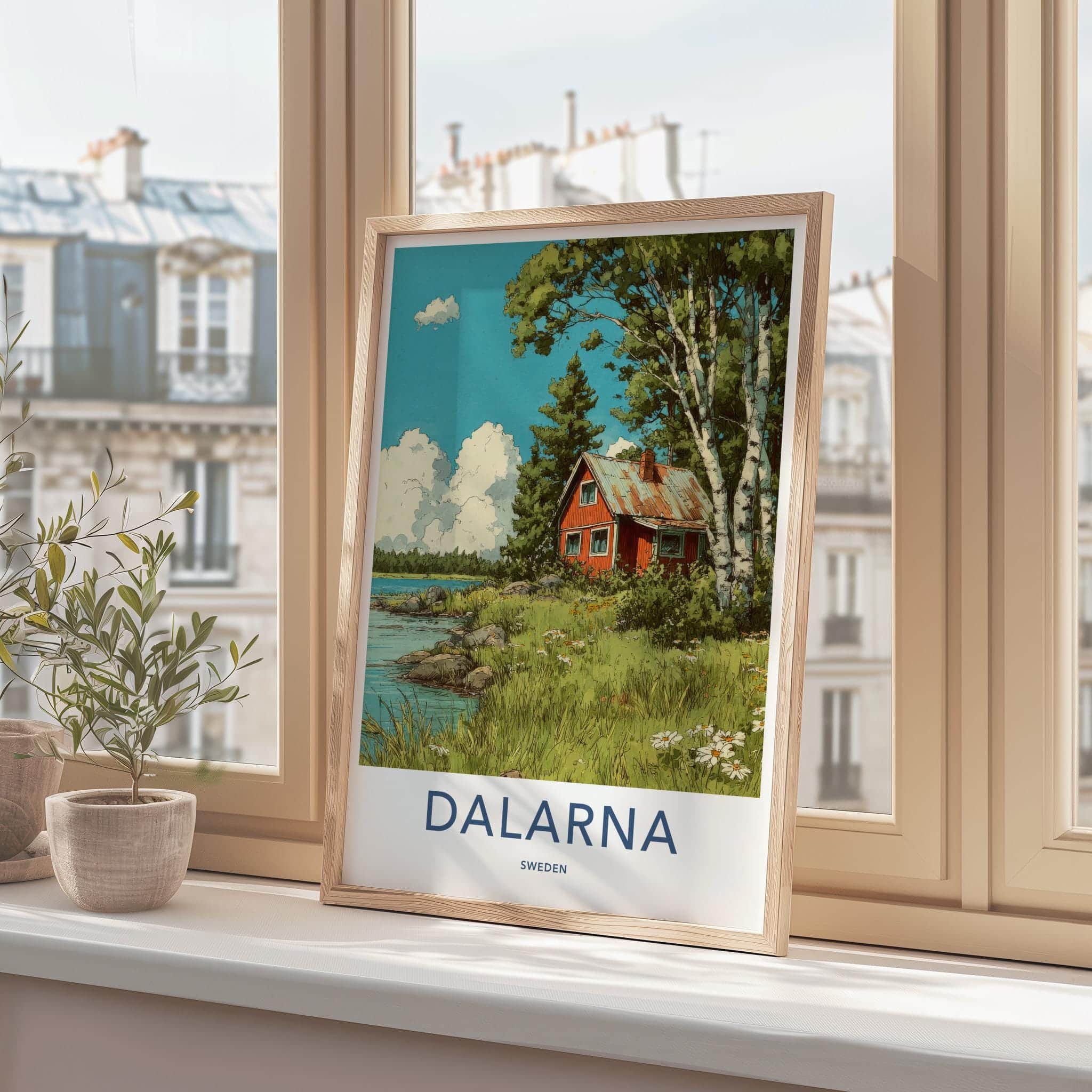 Dalarna Poster - Sweden Scenic Art - Lakeside Birch Cabin Wall Decor