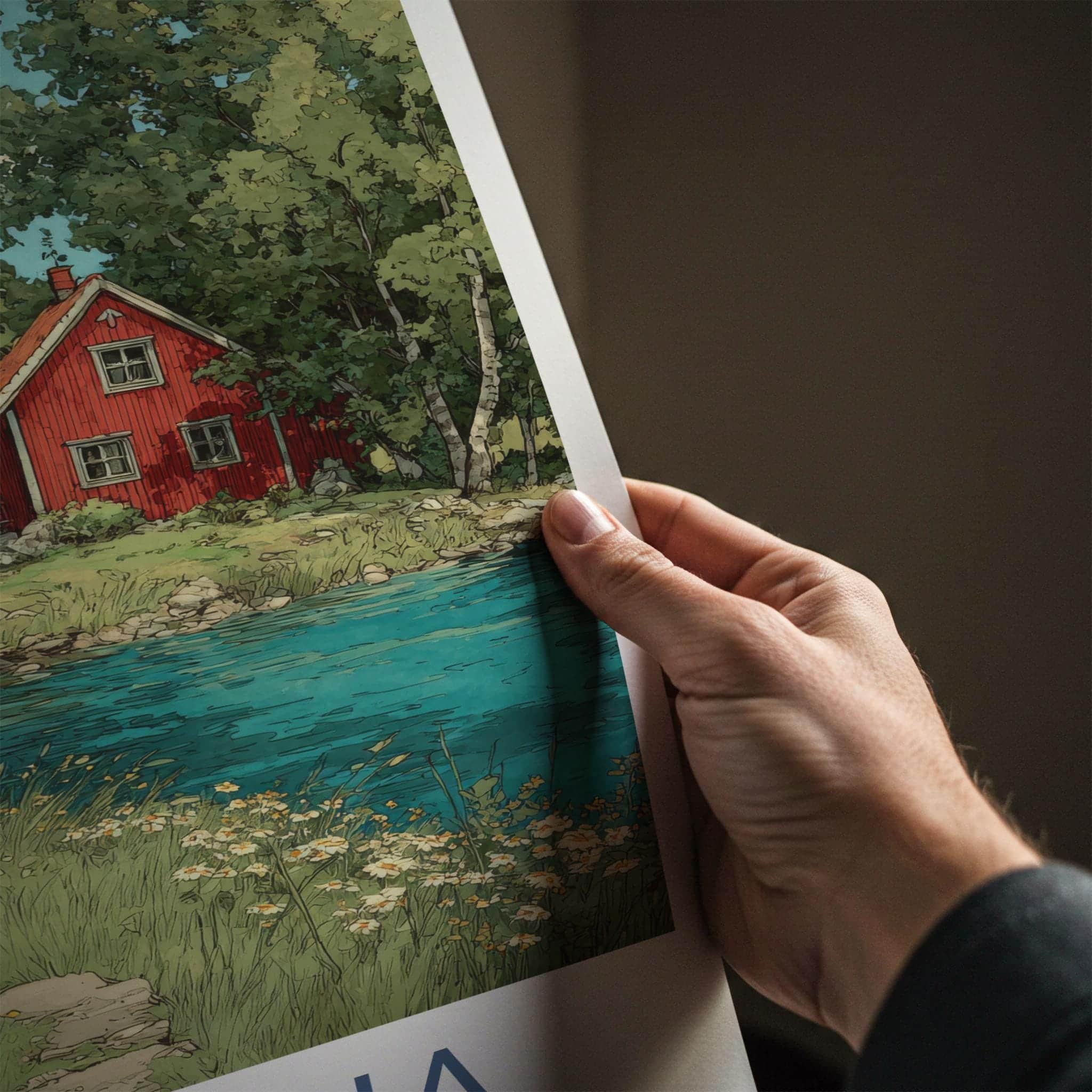 Dalarna Poster - Sweden Scenic Art - Red Cottage Lakeside Wall Decor