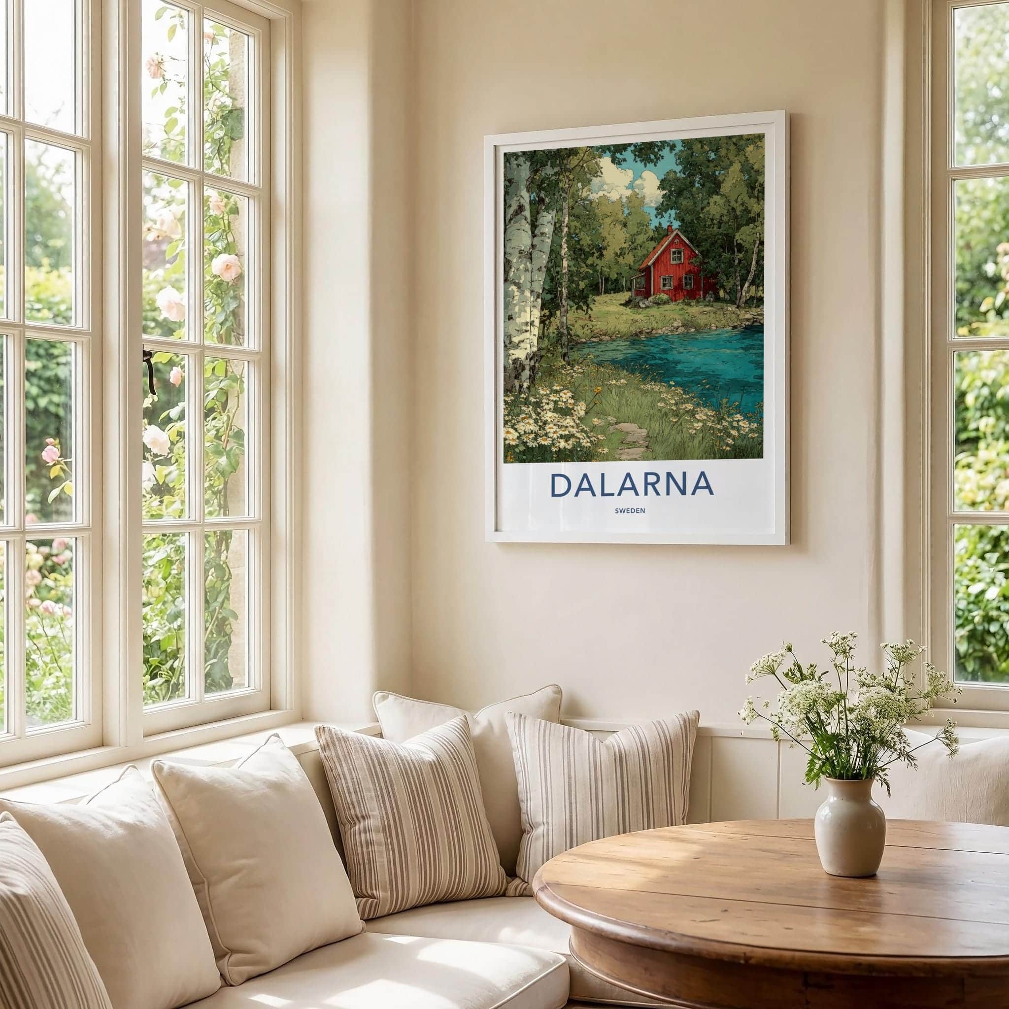 Dalarna Poster - Sweden Scenic Art - Red Cottage Lakeside Wall Decor