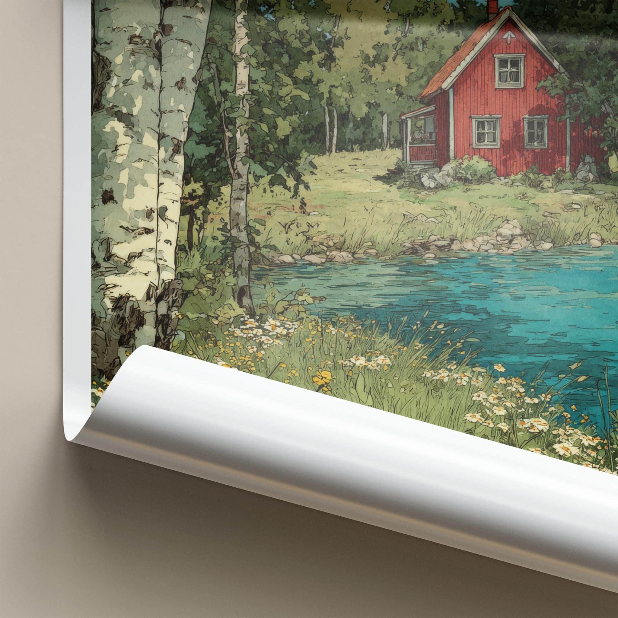 Dalarna Poster - Sweden Scenic Art - Red Cottage Lakeside Wall Decor