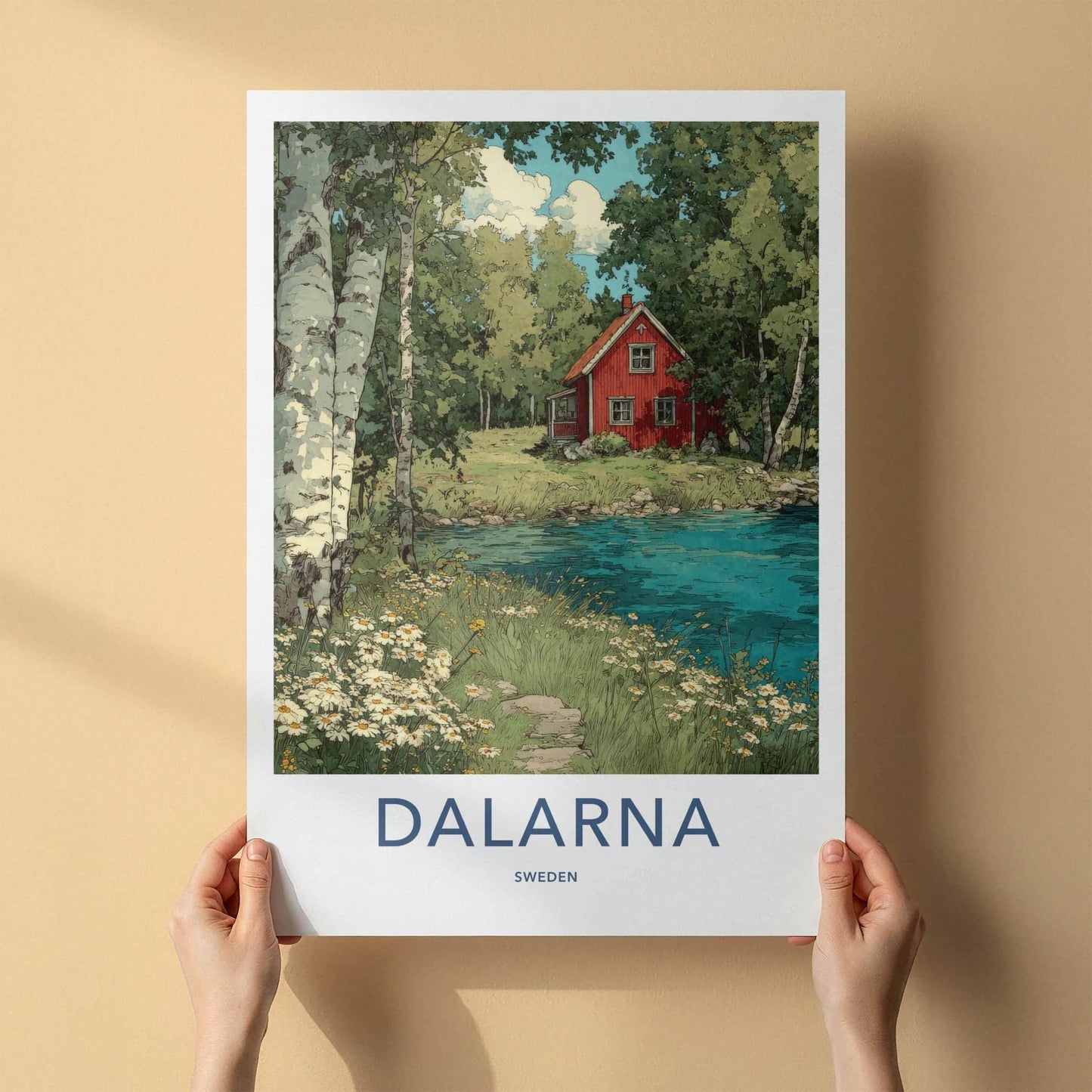 Dalarna Poster - Sweden Scenic Art - Red Cottage Lakeside Wall Decor
