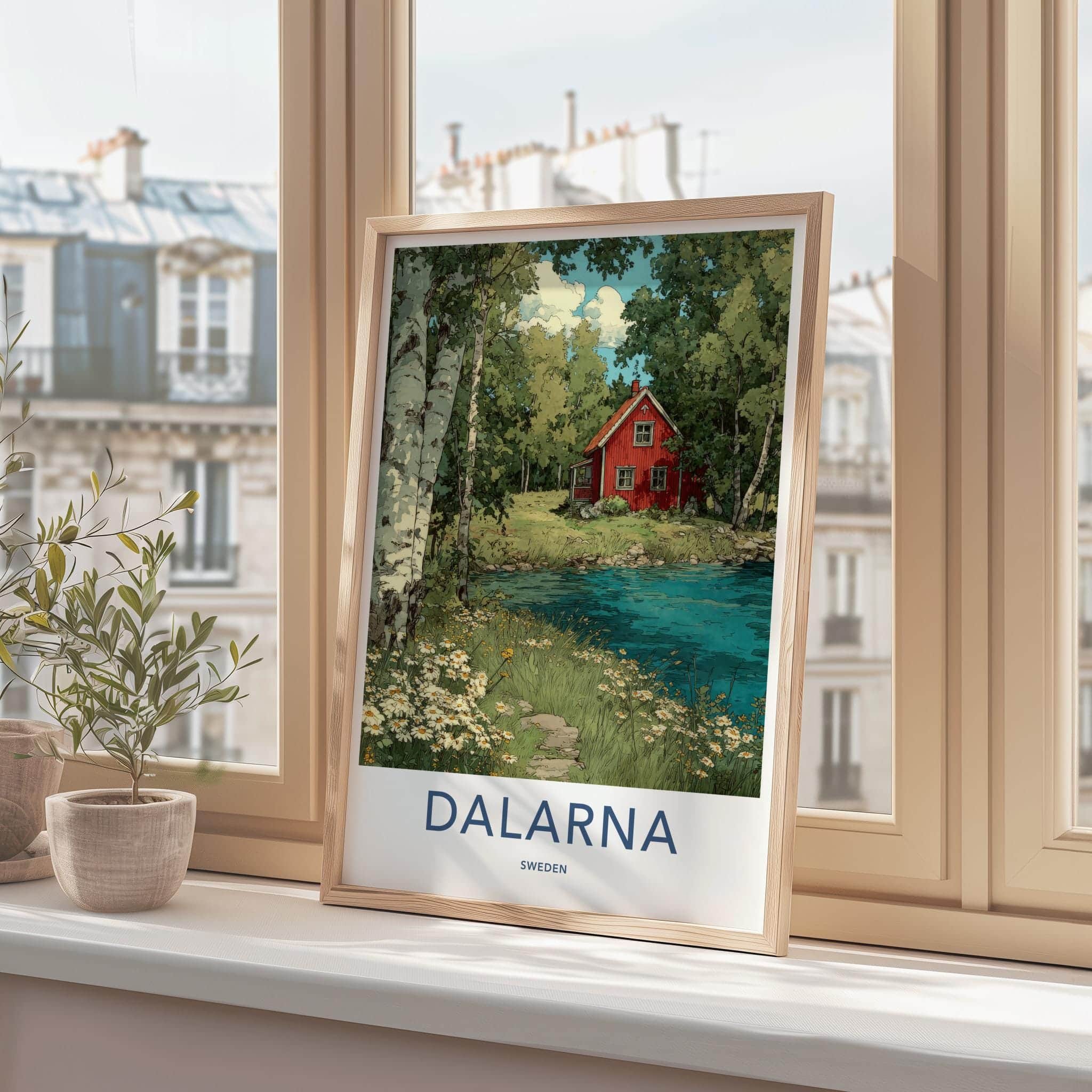 Dalarna Poster - Sweden Scenic Art - Red Cottage Lakeside Wall Decor