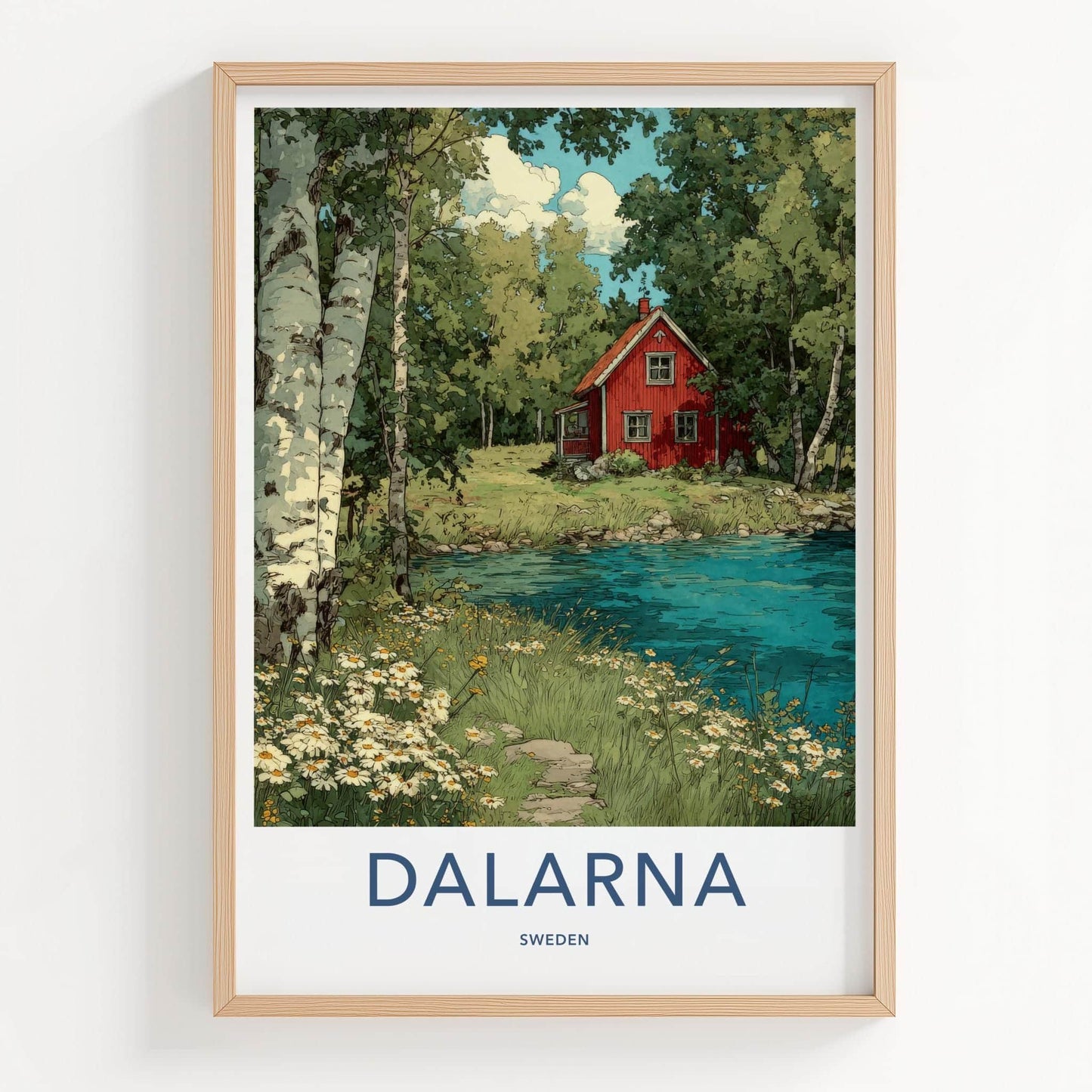 Dalarna Poster - Sweden Scenic Art - Red Cottage Lakeside Wall Decor