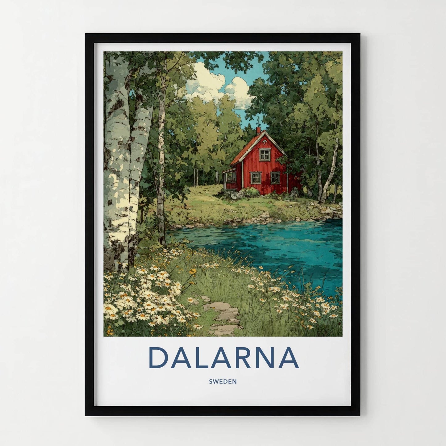 Dalarna Poster - Sweden Scenic Art - Red Cottage Lakeside Wall Decor