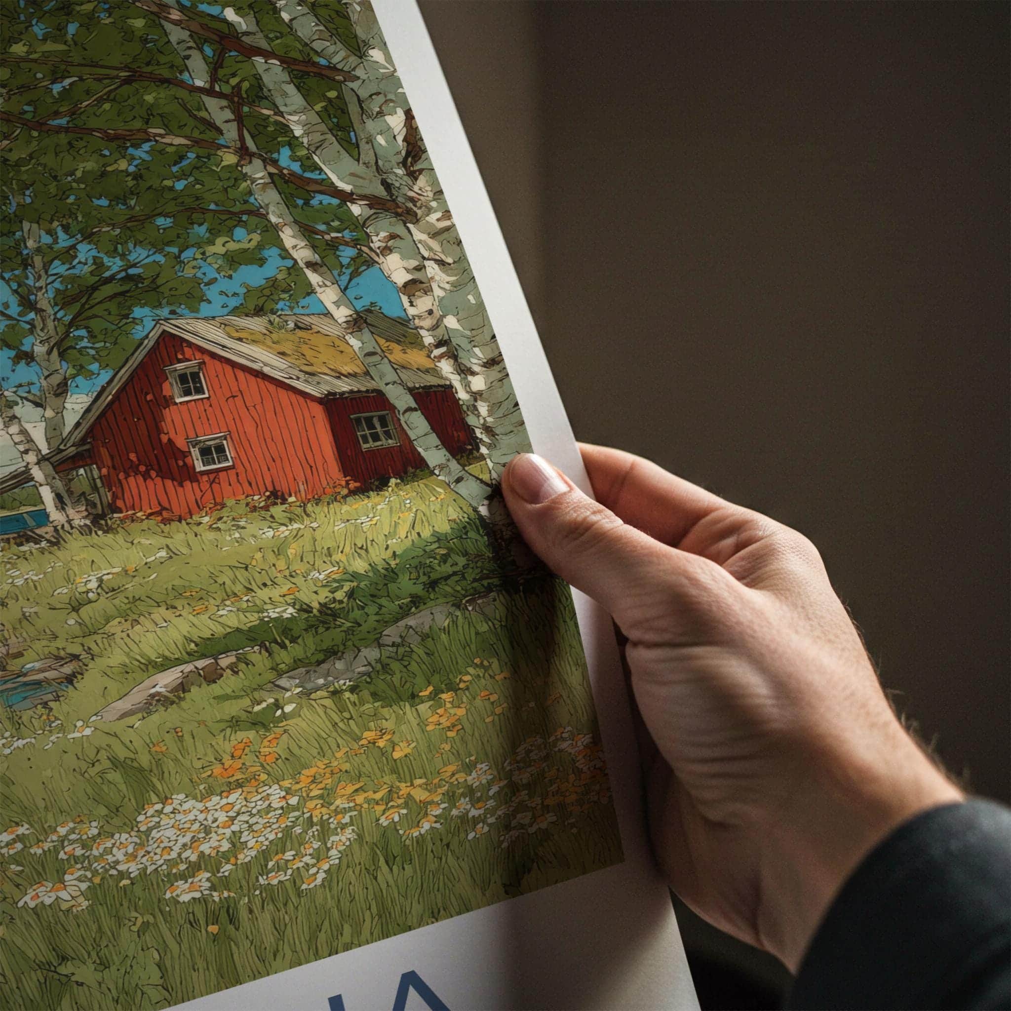 Dalarna Poster - Sweden Travel Art - Lakeside Red Cabin Wall Decor