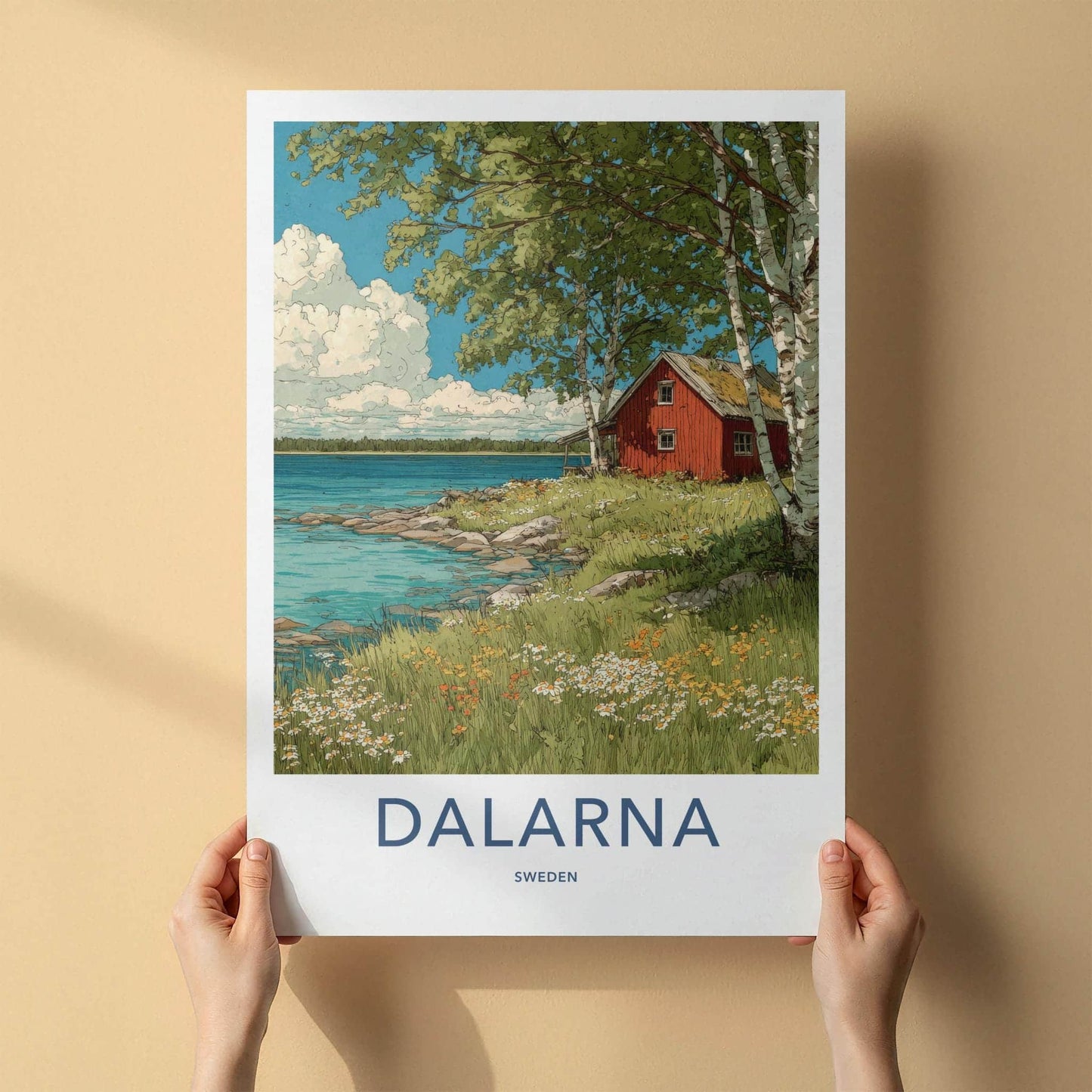 Dalarna Poster - Sweden Travel Art - Lakeside Red Cabin Wall Decor