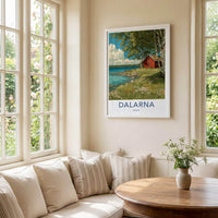 Dalarna Poster - Sweden Travel Art - Lakeside Red Cabin Wall Decor