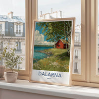 Dalarna Poster - Sweden Travel Art - Lakeside Red Cabin Wall Decor