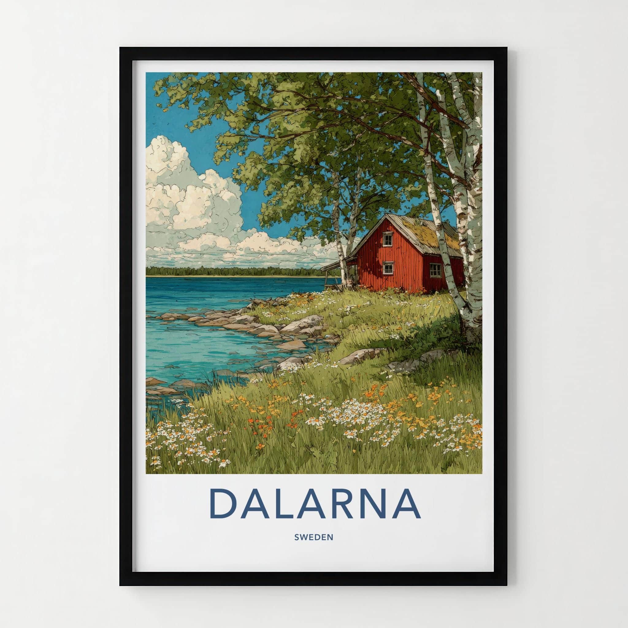 Dalarna Poster - Sweden Travel Art - Lakeside Red Cabin Wall Decor