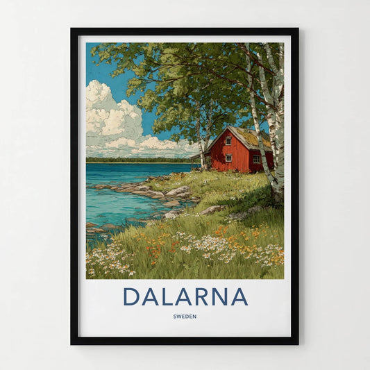 Dalarna Poster - Sweden Travel Art - Lakeside Red Cabin Wall Decor