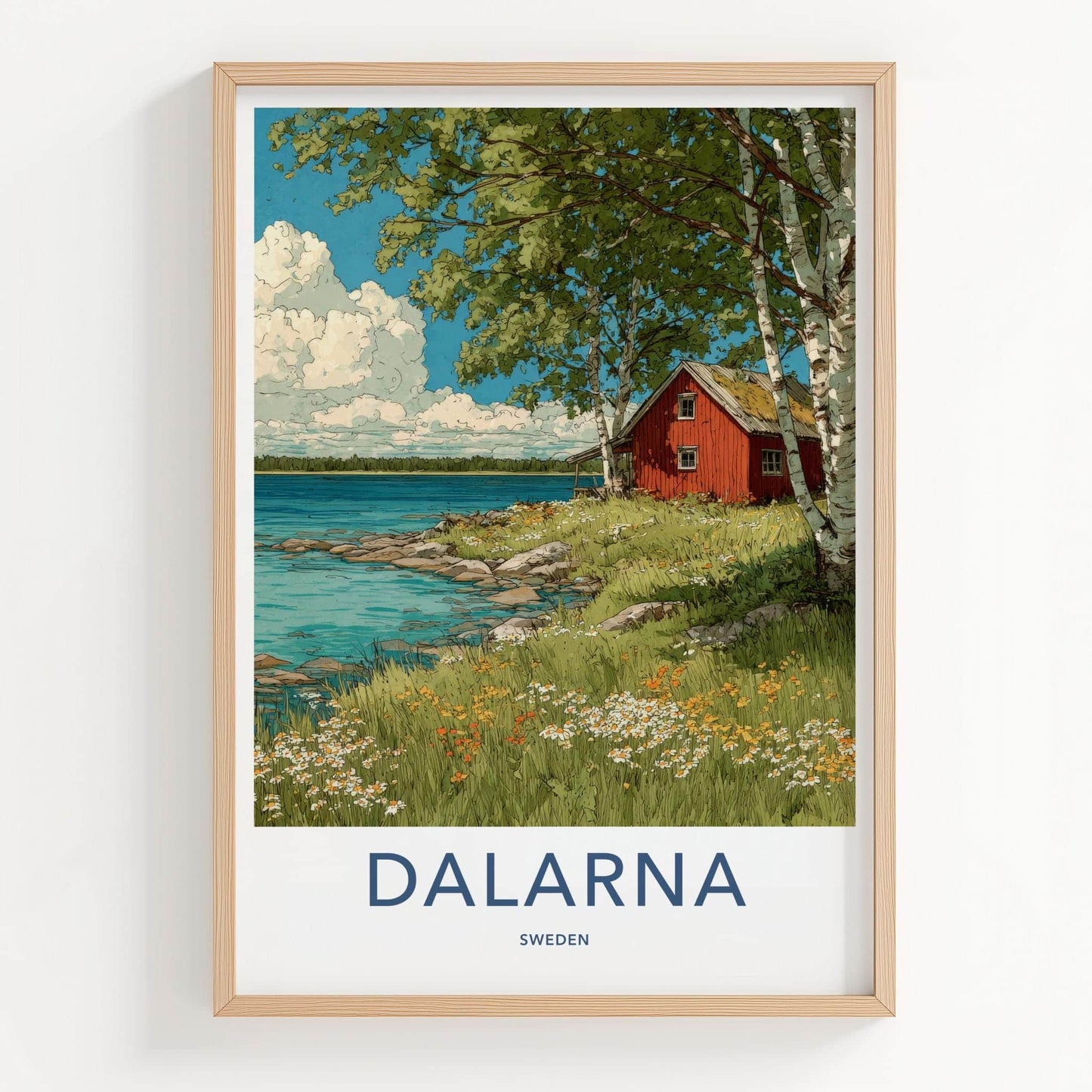Dalarna Poster - Sweden Travel Art - Lakeside Red Cabin Wall Decor