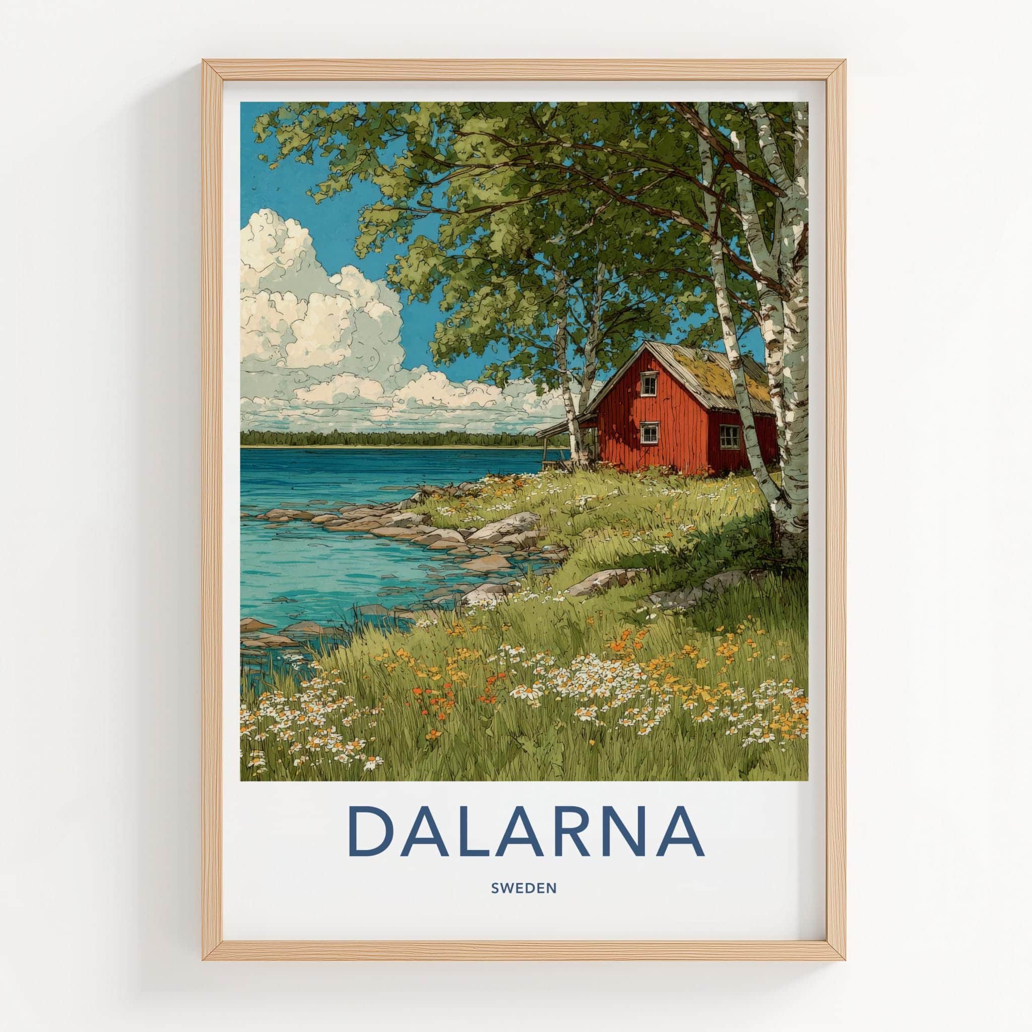 Dalarna Poster - Sweden Travel Art - Lakeside Red Cabin Wall Decor