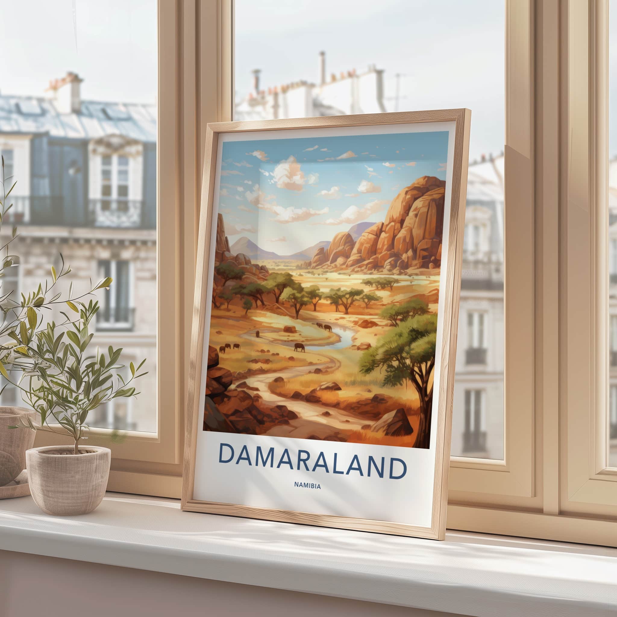 Damaraland Poster - Namibia Art Print - Rocky River Elephants Wall Decor