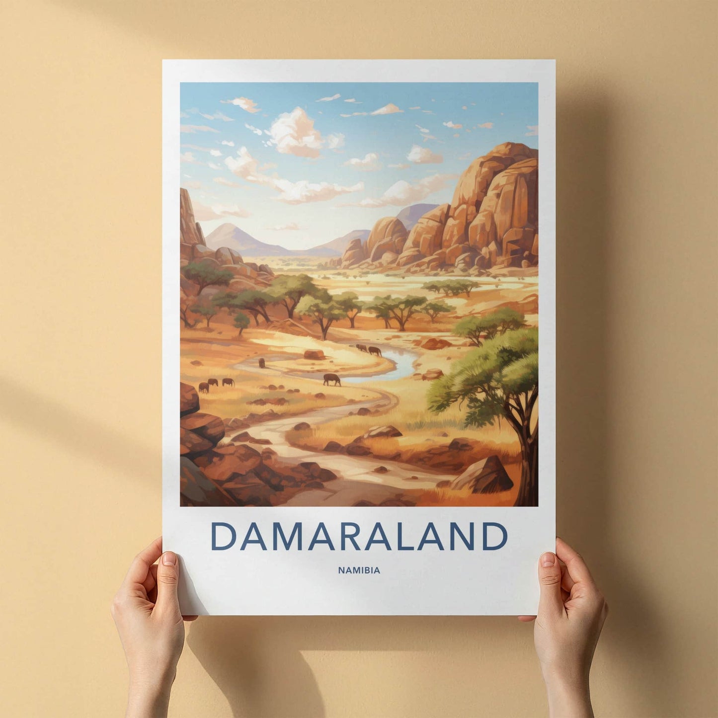 Damaraland Poster - Namibia Art Print - Rocky River Elephants Wall Decor