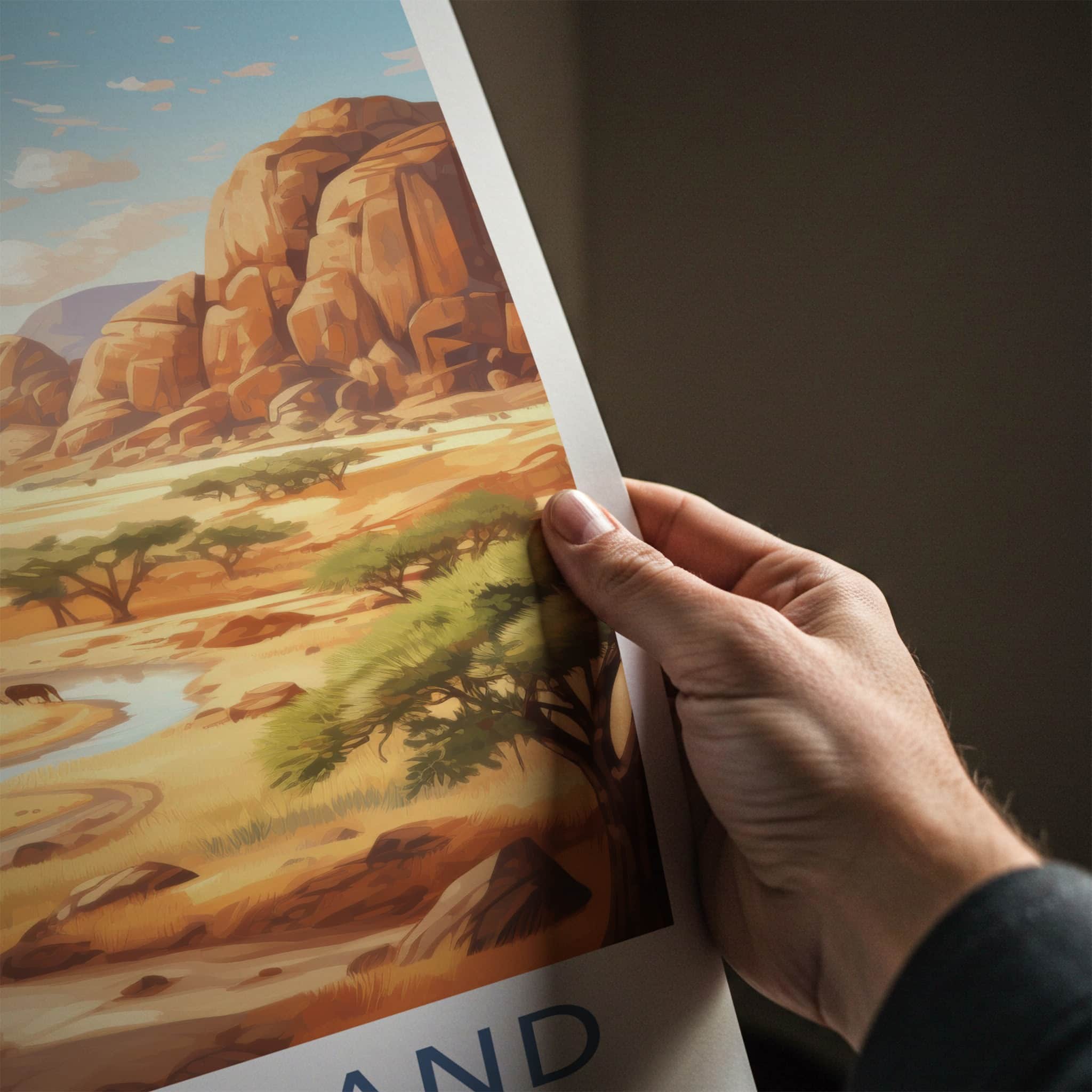 Damaraland Poster - Namibia Art Print - Rocky River Elephants Wall Decor