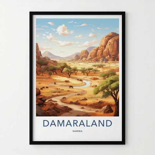 Damaraland Poster - Namibia Art Print - Rocky River Elephants Wall Decor