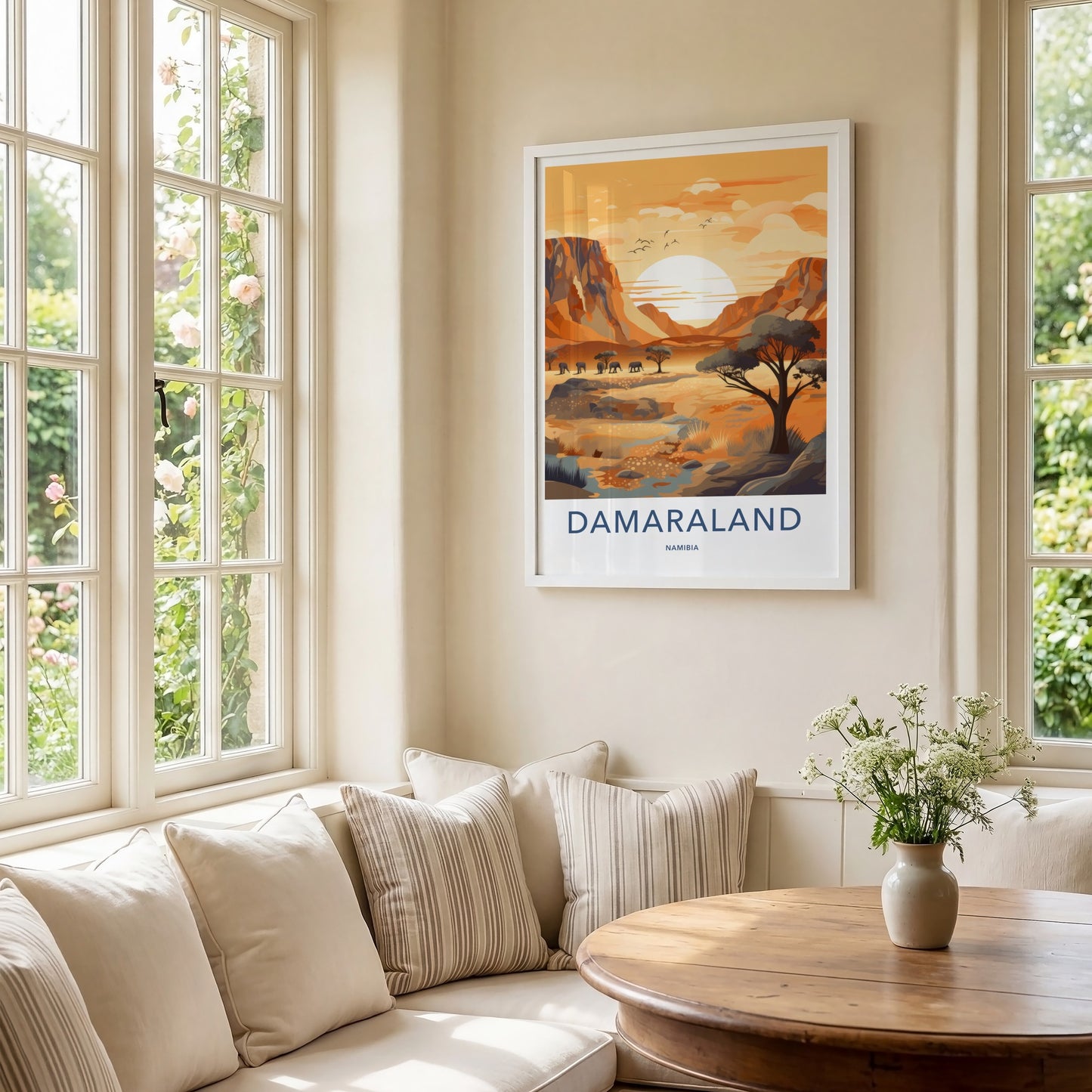 Damaraland Poster - Namibia Travel Art - Desert Elephants Sunset Home Decor