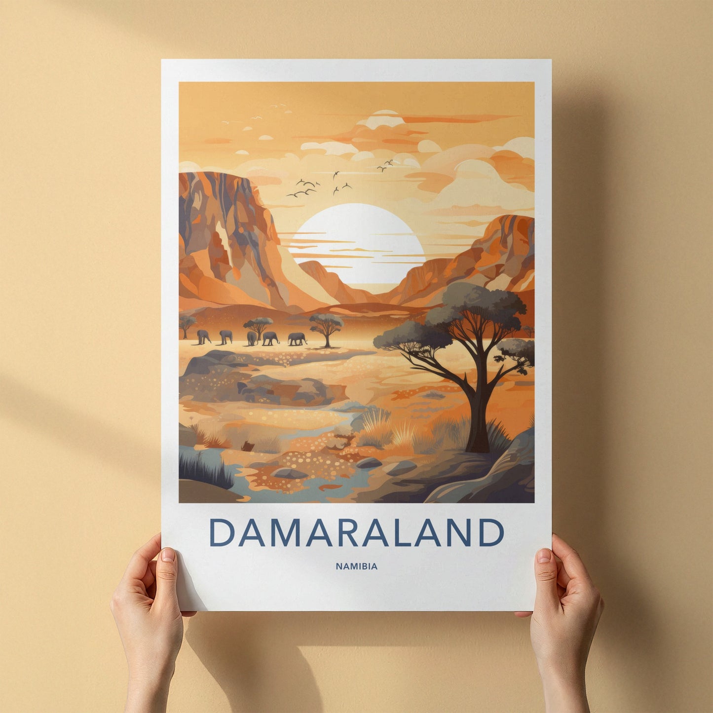 Damaraland Poster - Namibia Travel Art - Desert Elephants Sunset Home Decor