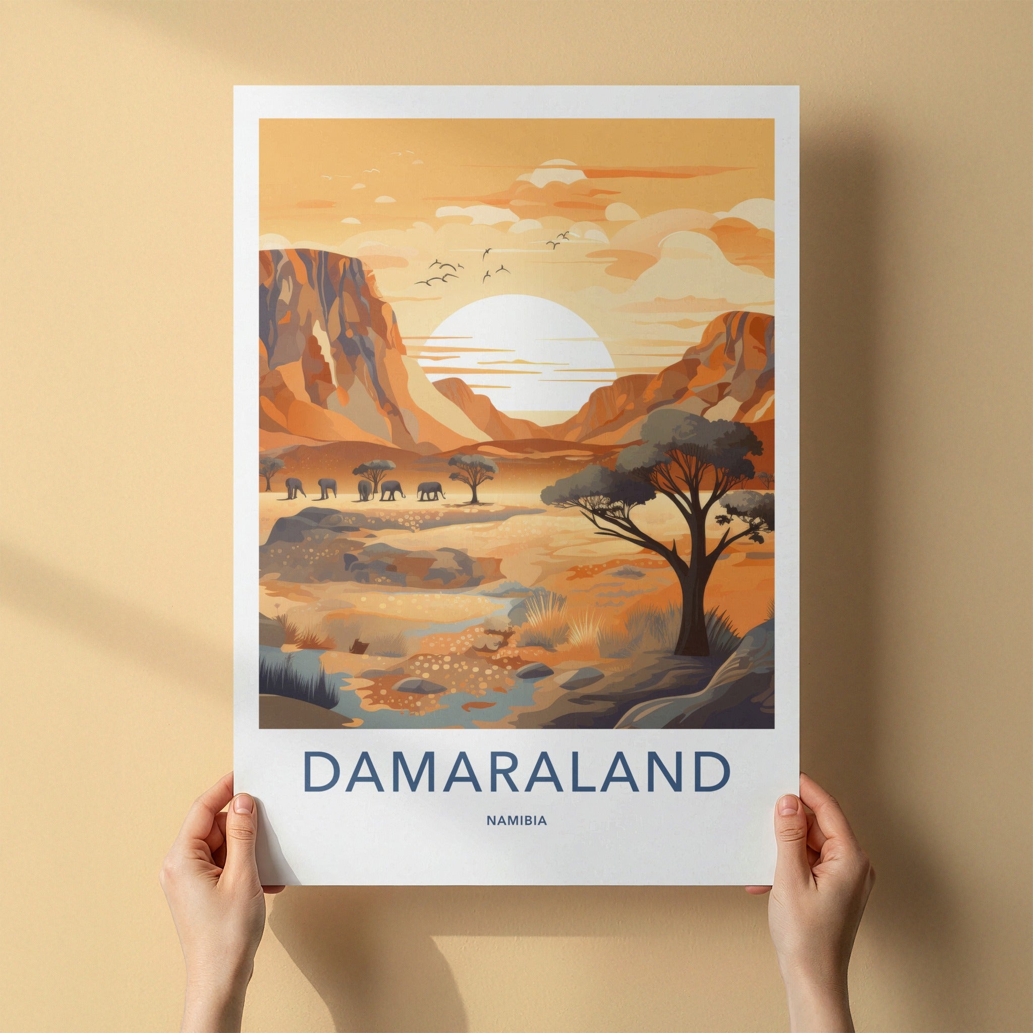 Damaraland Poster - Namibia Travel Art - Desert Elephants Sunset Home Decor