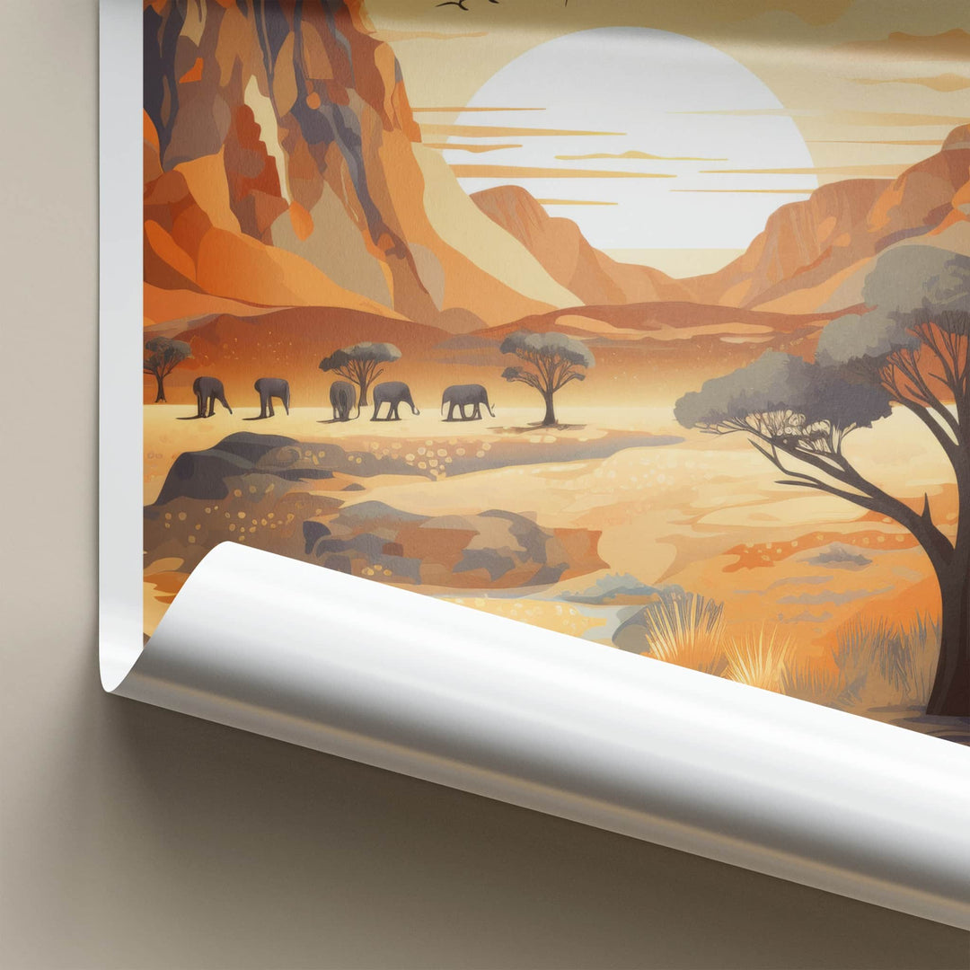 Damaraland Poster - Namibia Travel Art - Desert Elephants Sunset Home Decor