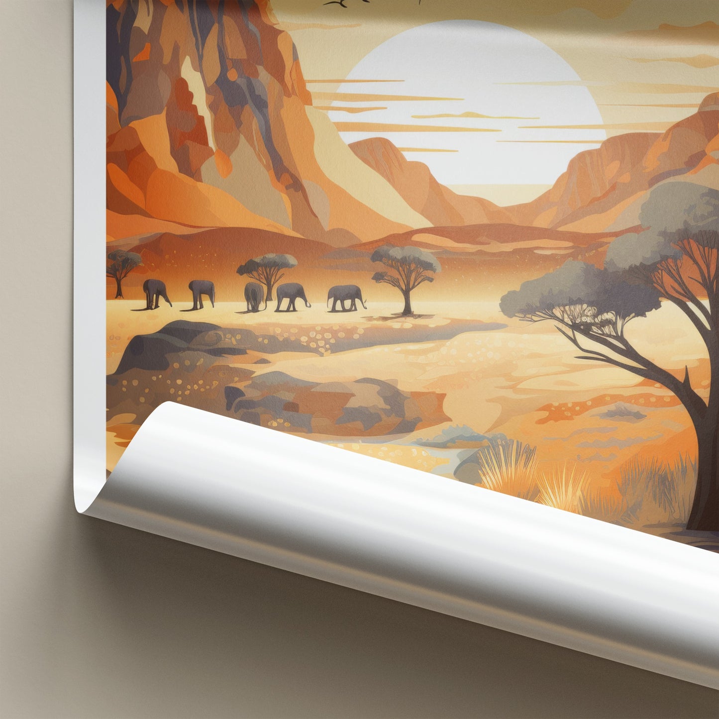 Damaraland Poster - Namibia Travel Art - Desert Elephants Sunset Home Decor