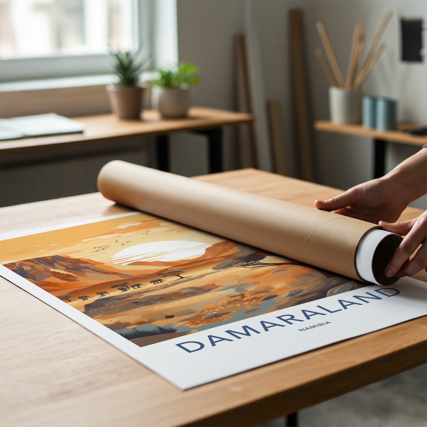 Damaraland Poster - Namibia Travel Art - Desert Elephants Sunset Home Decor