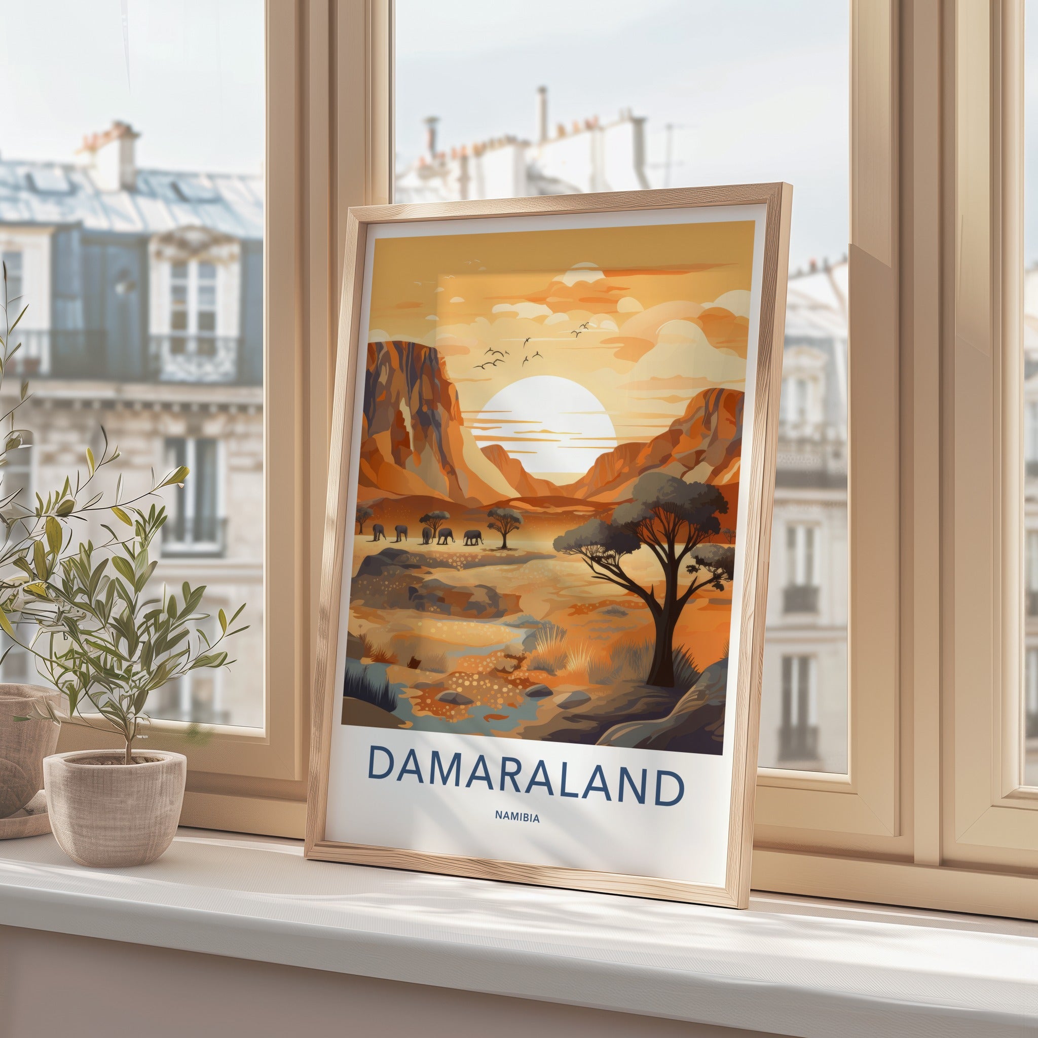 Damaraland Poster - Namibia Travel Art - Desert Elephants Sunset Home Decor