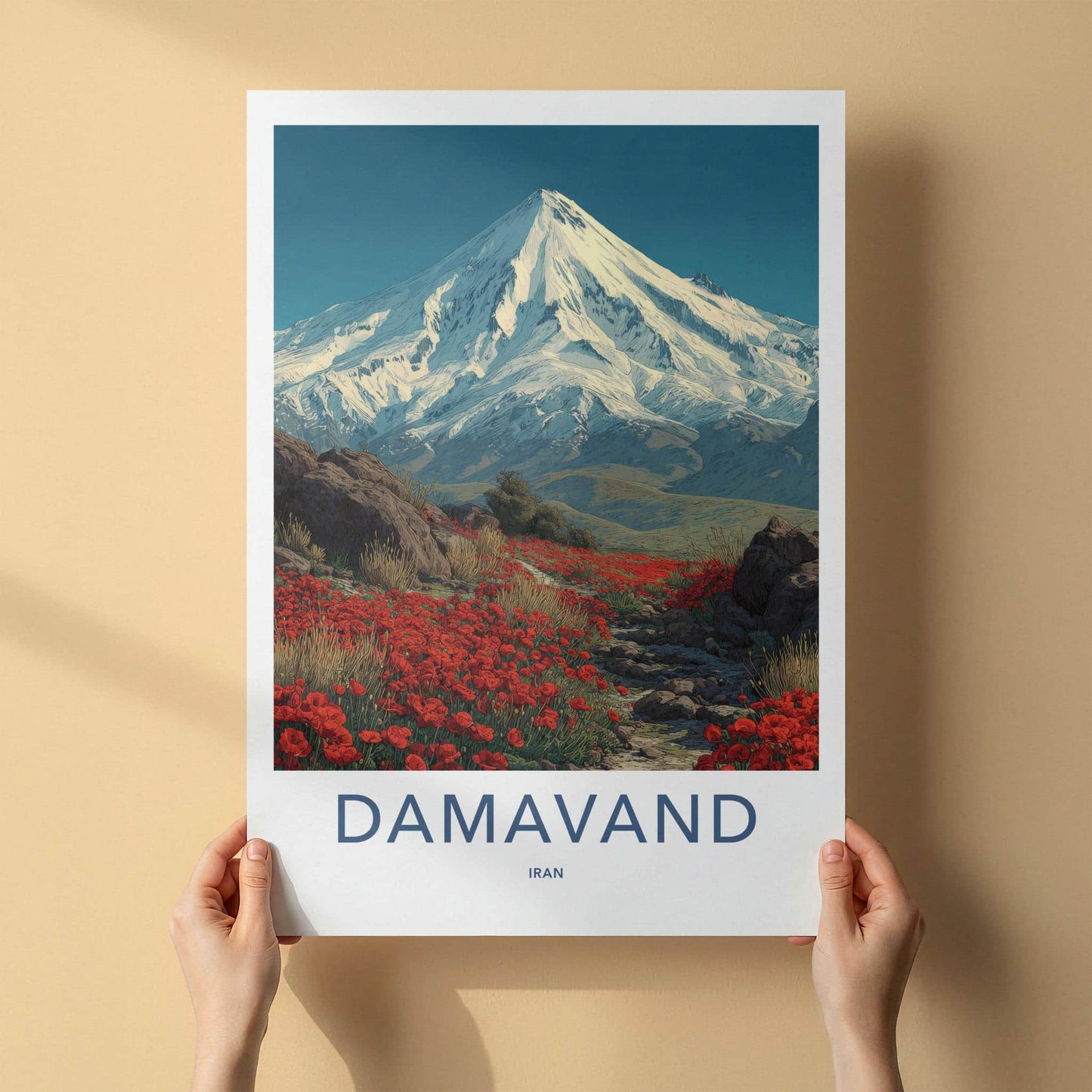 Damavand Poster - Iran Travel Print - Snowy Peak Poppies Wall Decor