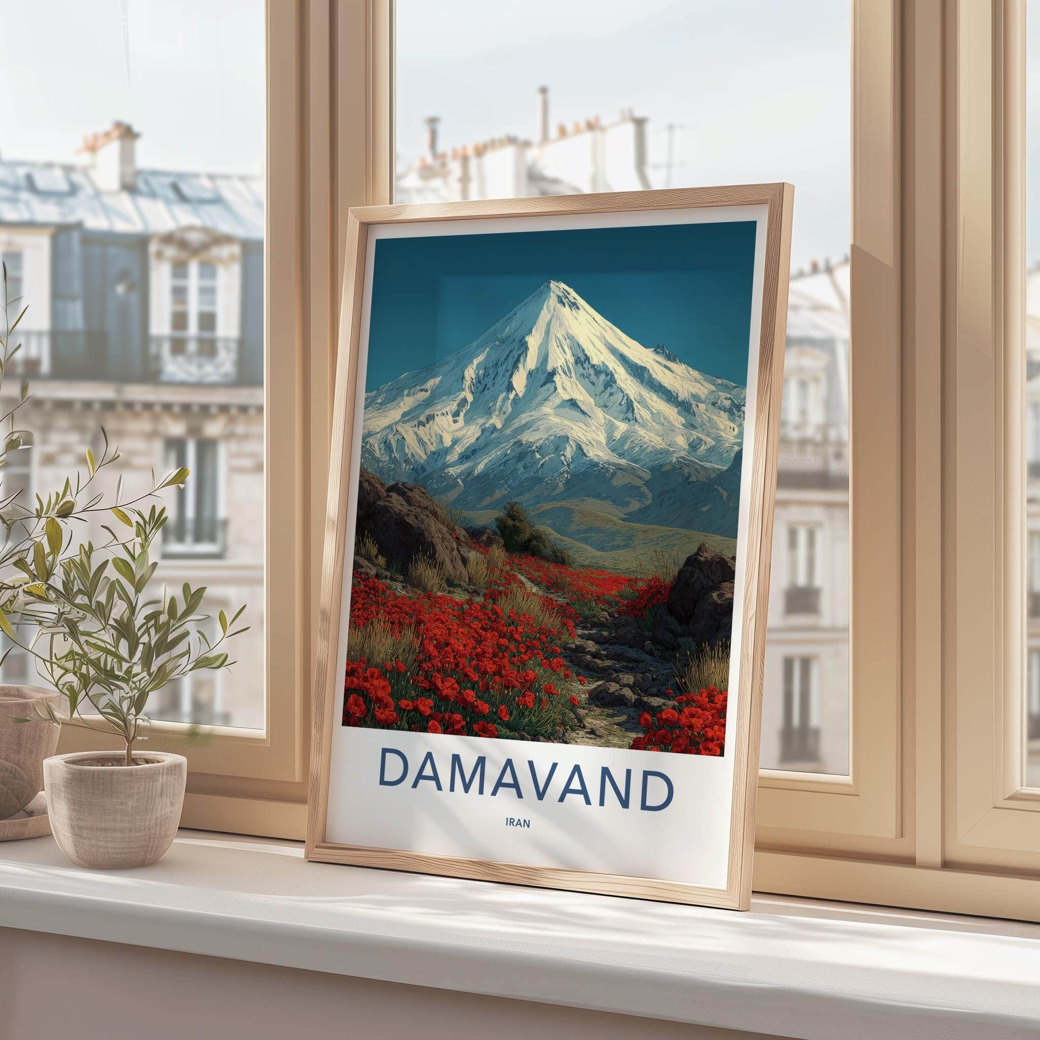 Damavand Poster - Iran Travel Print - Snowy Peak Poppies Wall Decor