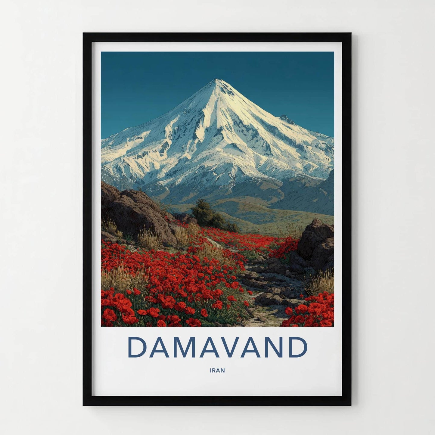 Damavand Poster - Iran Travel Print - Snowy Peak Poppies Wall Decor