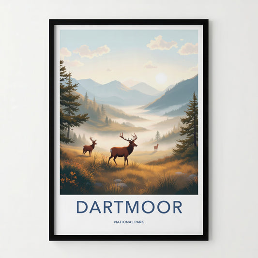 DARTMOOR NATIONAL PARK Poster - United Kingdom Travel Art - Misty Morning Deer Home Decor