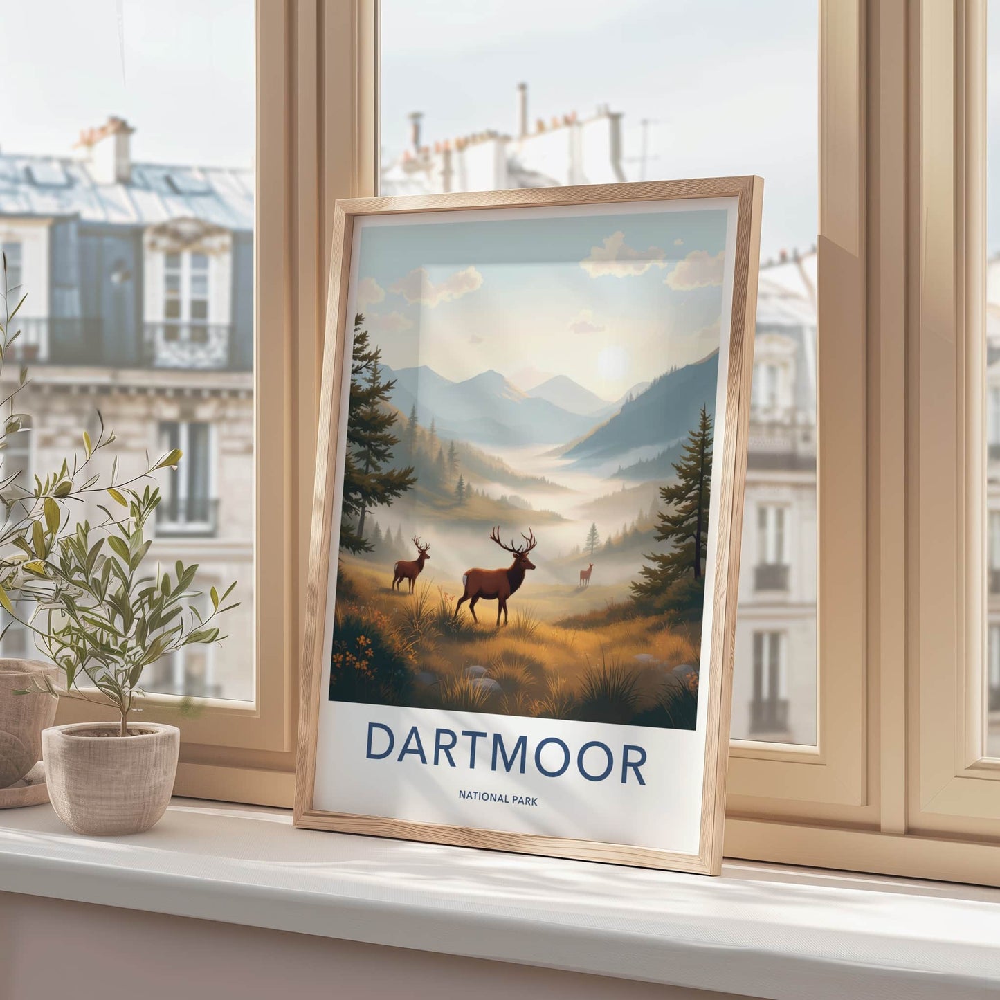 DARTMOOR NATIONAL PARK Poster - United Kingdom Travel Art - Misty Morning Deer Home Decor