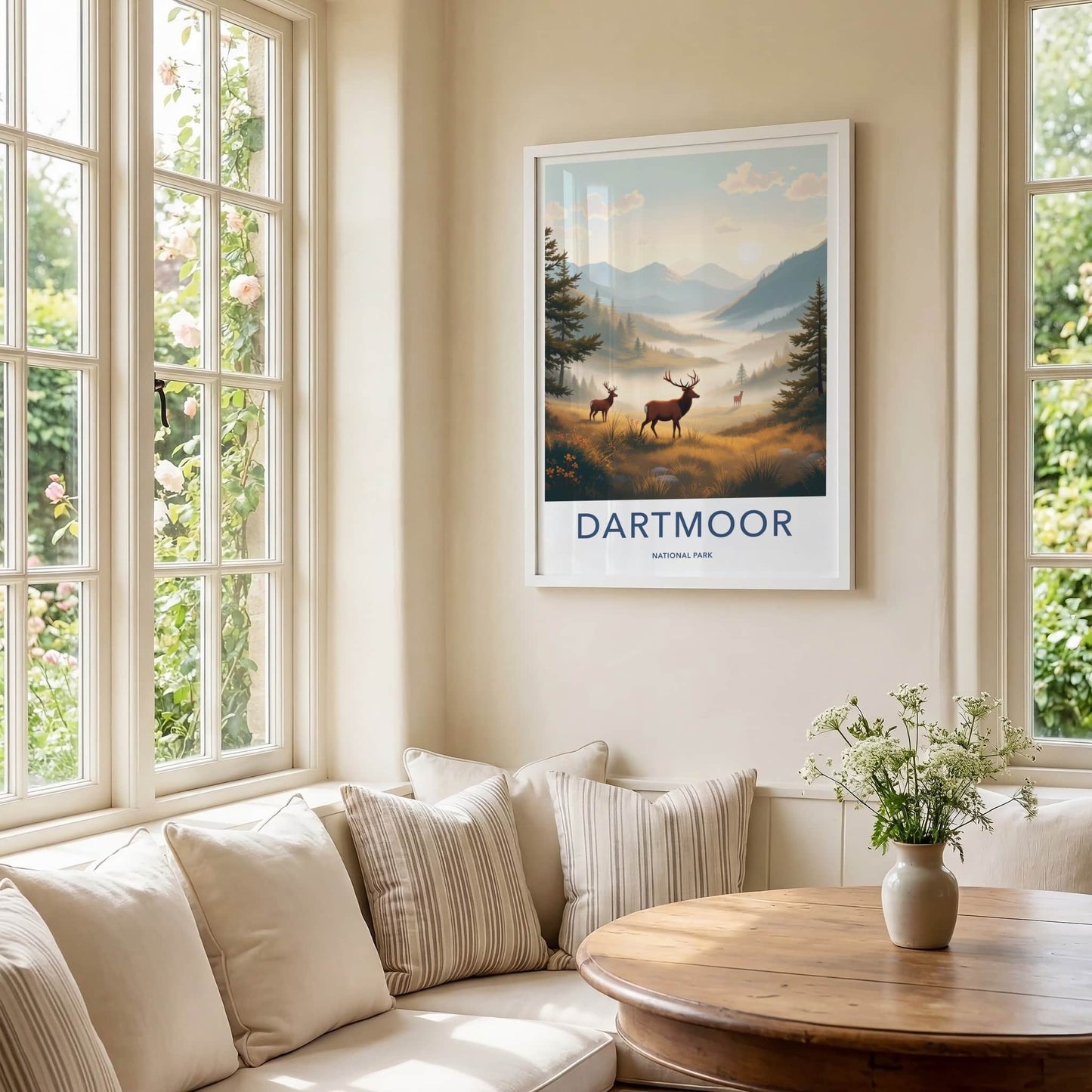 DARTMOOR NATIONAL PARK Poster - United Kingdom Travel Art - Misty Morning Deer Home Decor