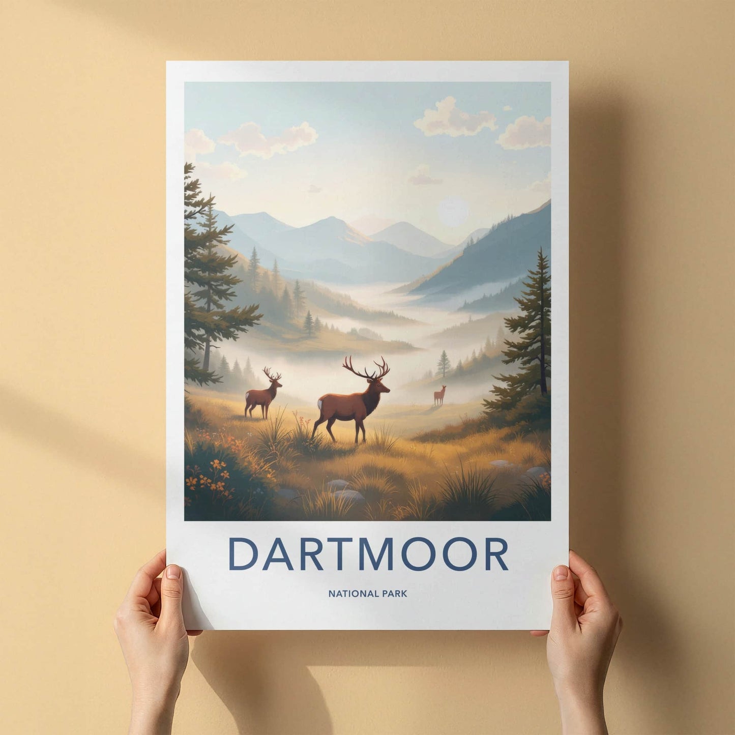 DARTMOOR NATIONAL PARK Poster - United Kingdom Travel Art - Misty Morning Deer Home Decor