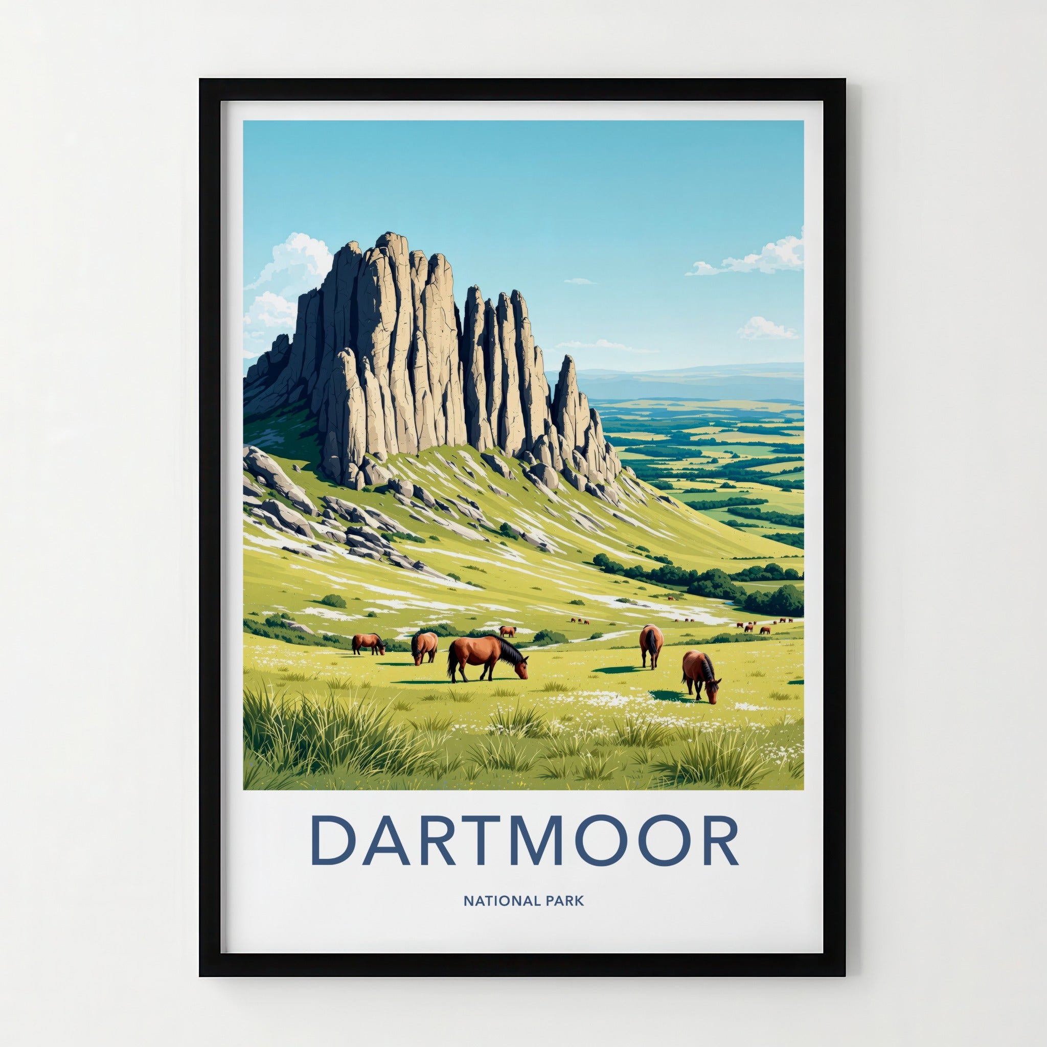 Dartmoor Poster - United Kingdom Travel Art - Towering Tor Horses Home Decor