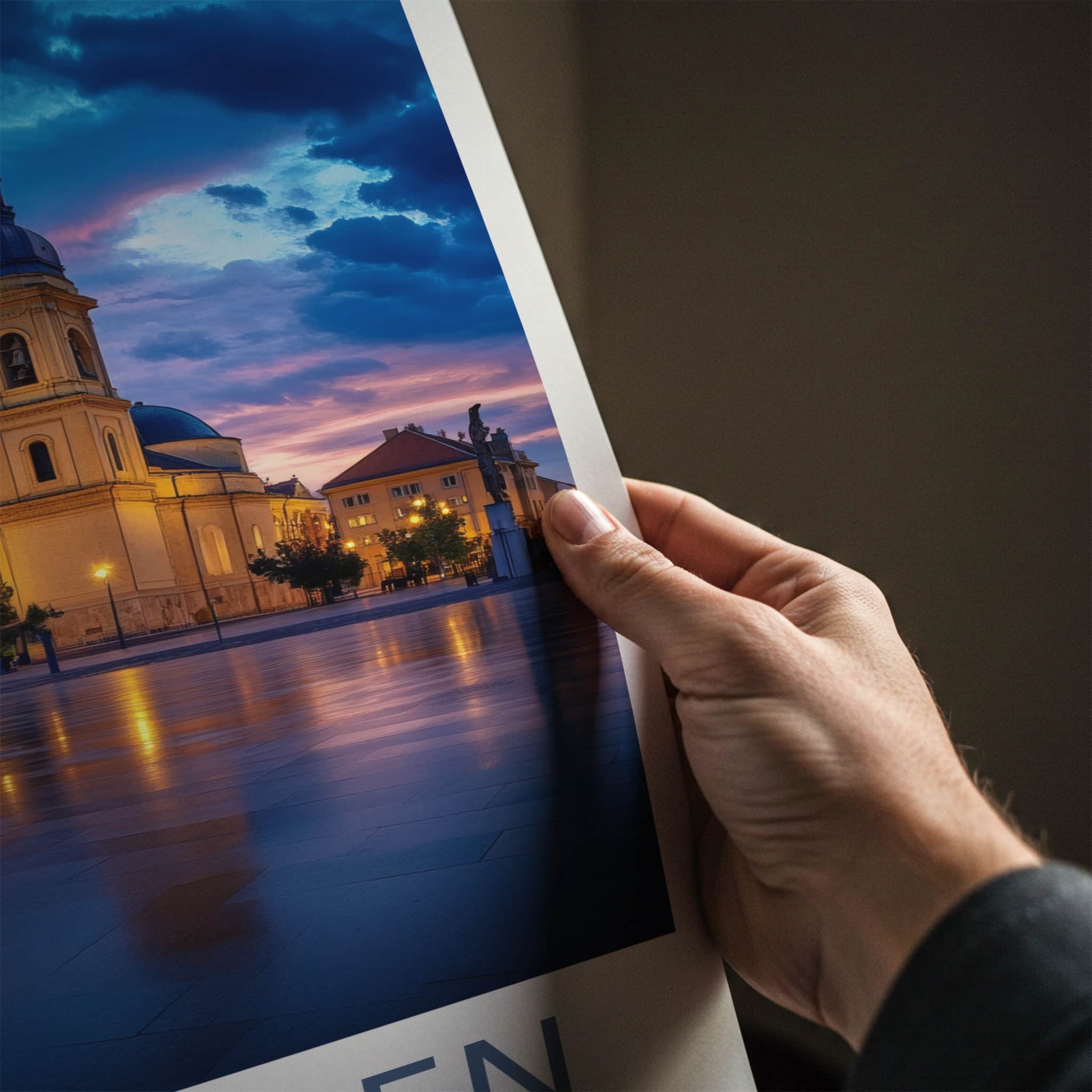 Debrecen Poster - Hungary Wall Art - Illuminated Church Reflection Home Decor