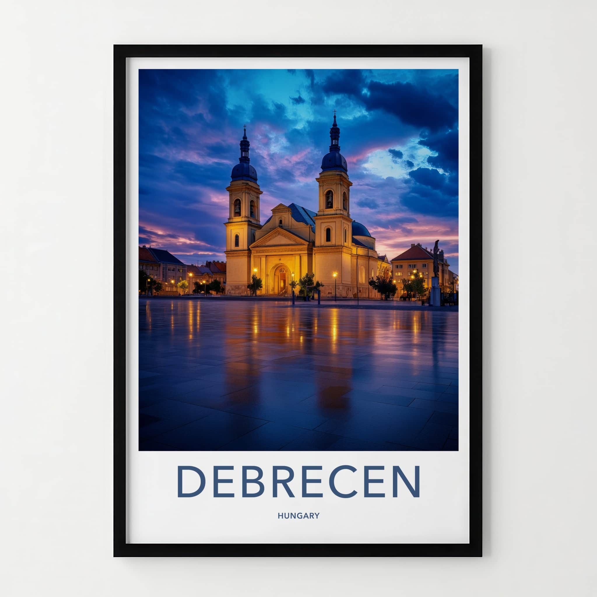 Debrecen Poster - Hungary Wall Art - Illuminated Church Reflection Home Decor