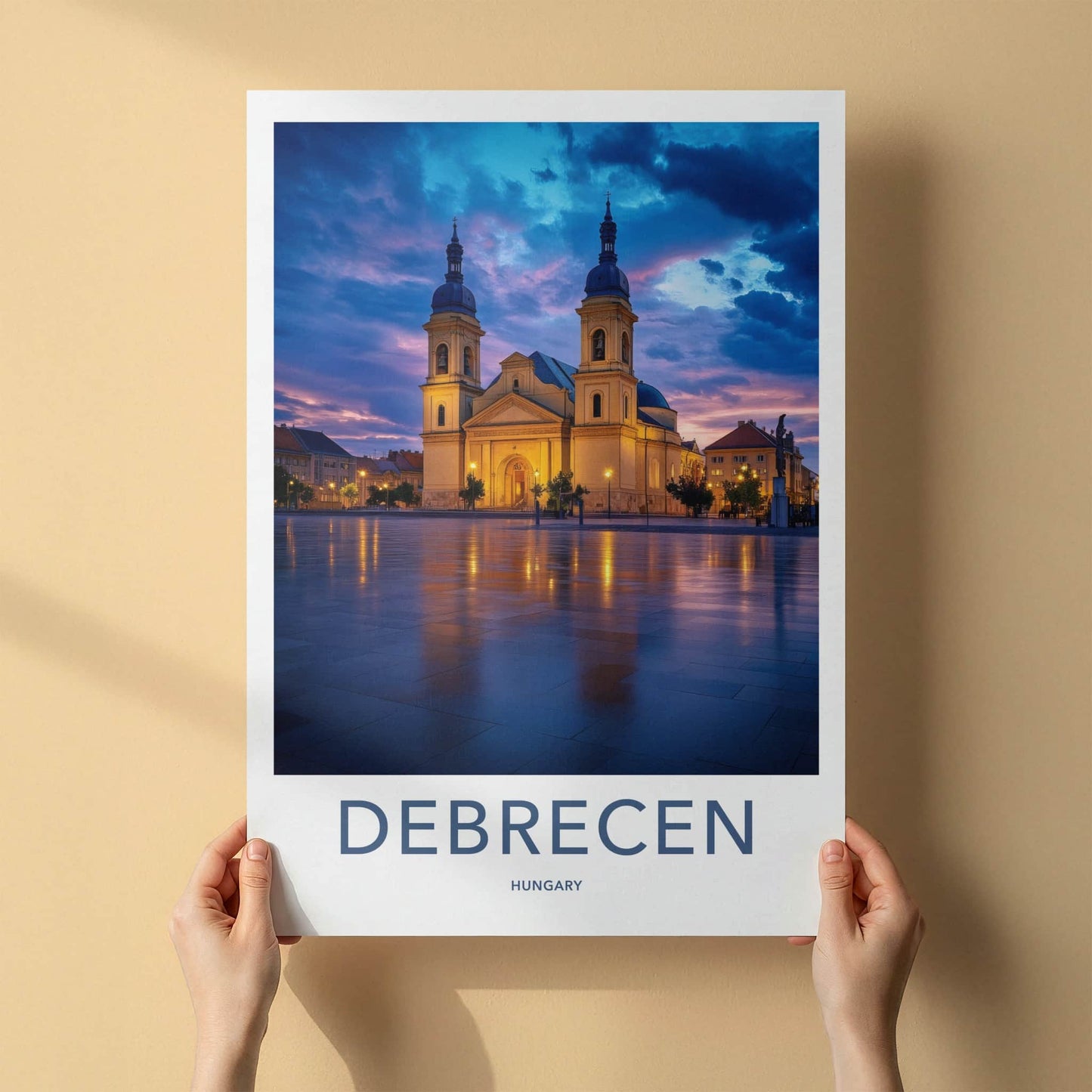 Debrecen Poster - Hungary Wall Art - Illuminated Church Reflection Home Decor