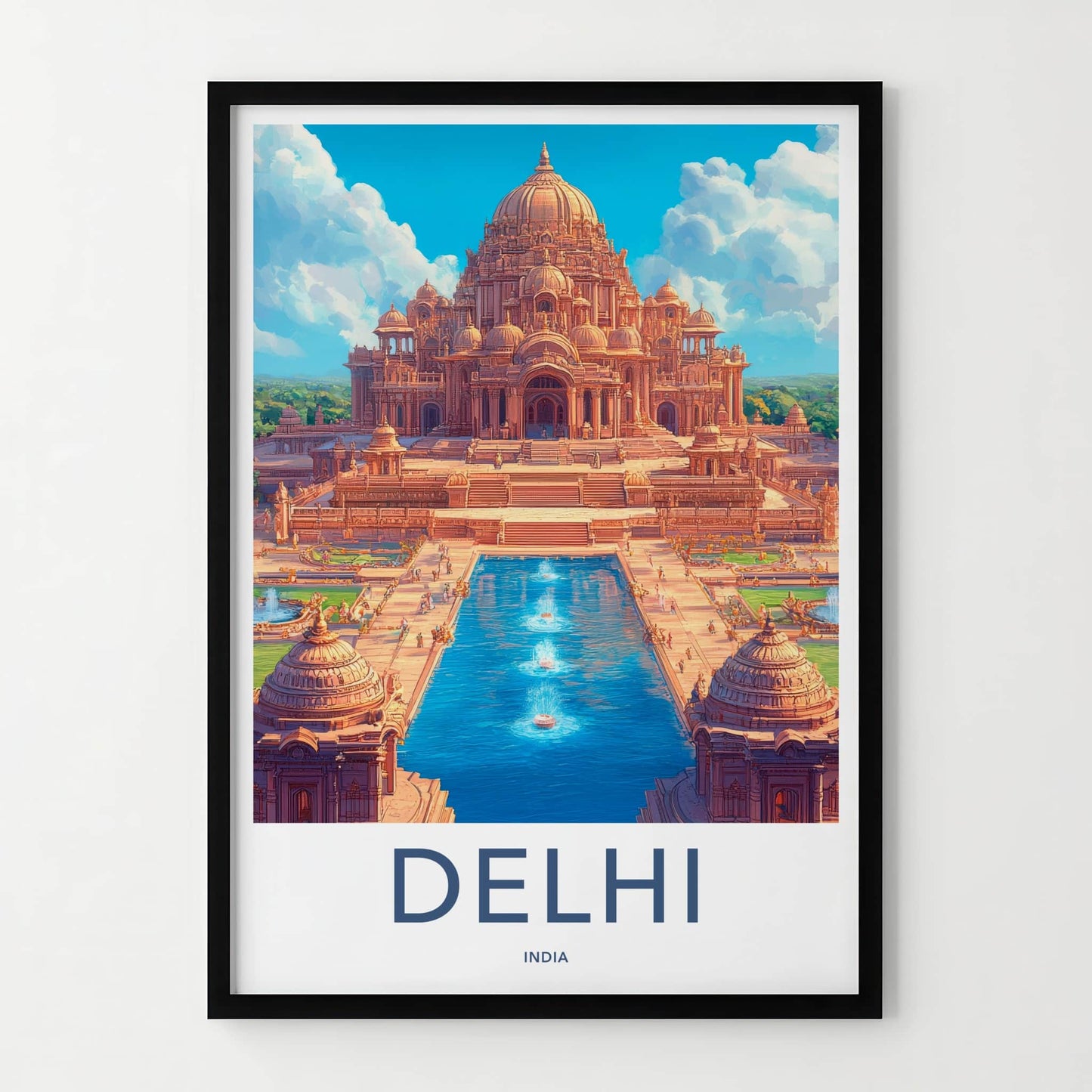 Delhi Poster - India Travel Art - Delhi Ornate Temple Waterway Wall Decor