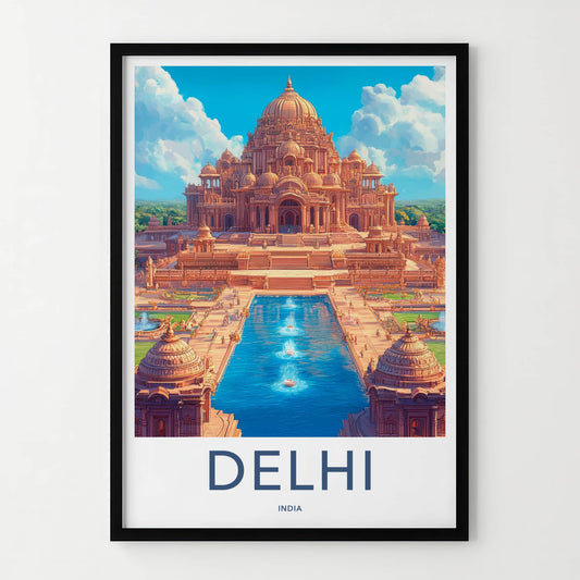 Delhi Poster - India Travel Art - Delhi Ornate Temple Waterway Wall Decor