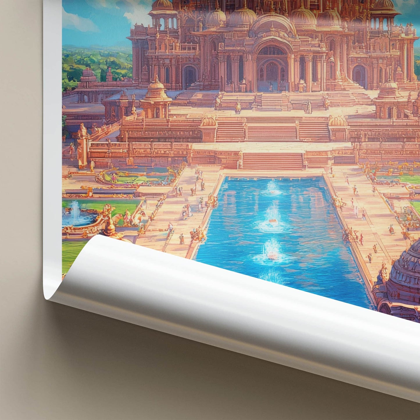 Delhi Poster - India Travel Art - Delhi Ornate Temple Waterway Wall Decor